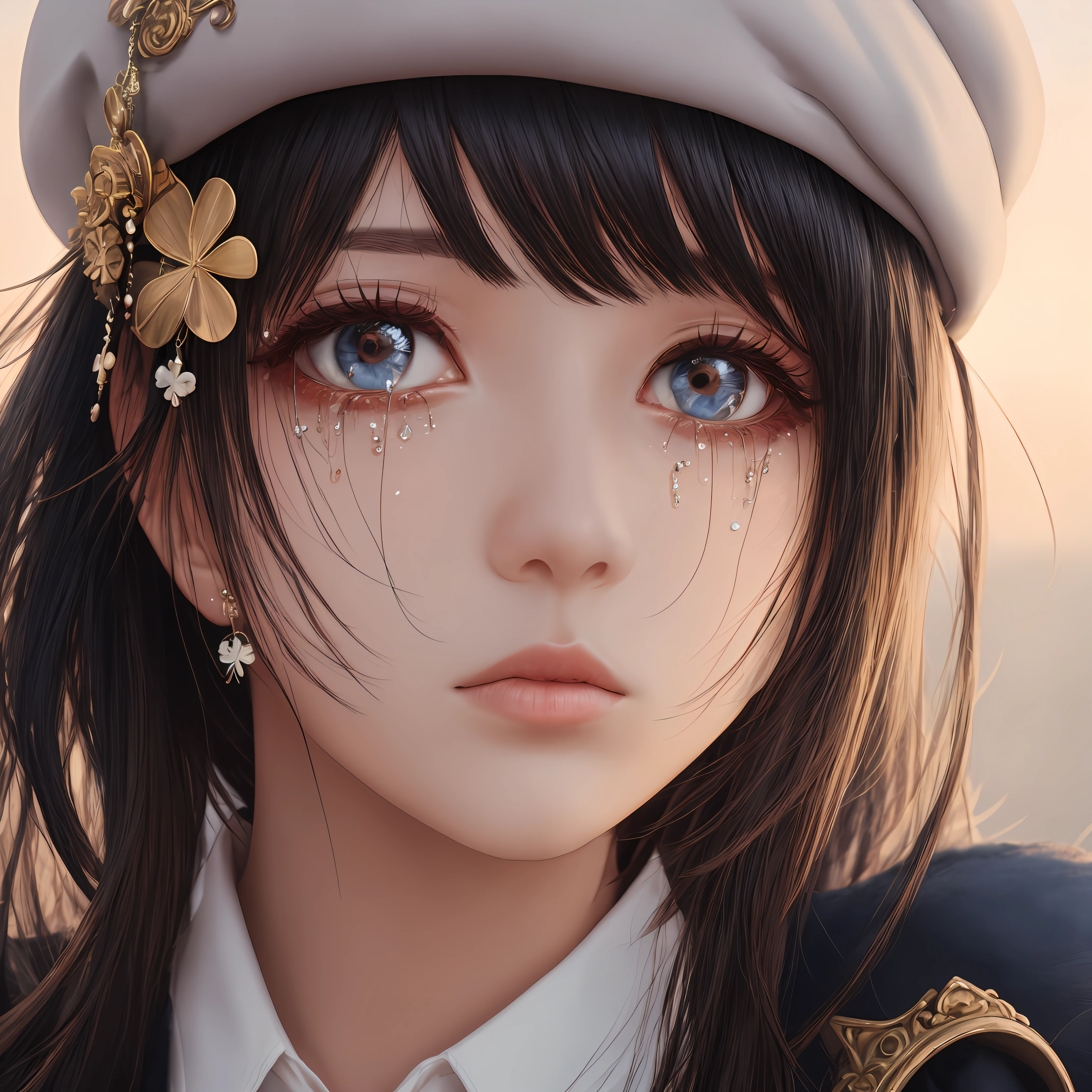 black hair, multicolored hair, beret, bell, clover hair ornament, forehead jewel, hair bobbles, tears, mole under eye, tearing up, Surrealism, Romanticism, Romanticism, Fujicolor, 8k, super detail, UHD, masterpiece, super detail, highres --auto