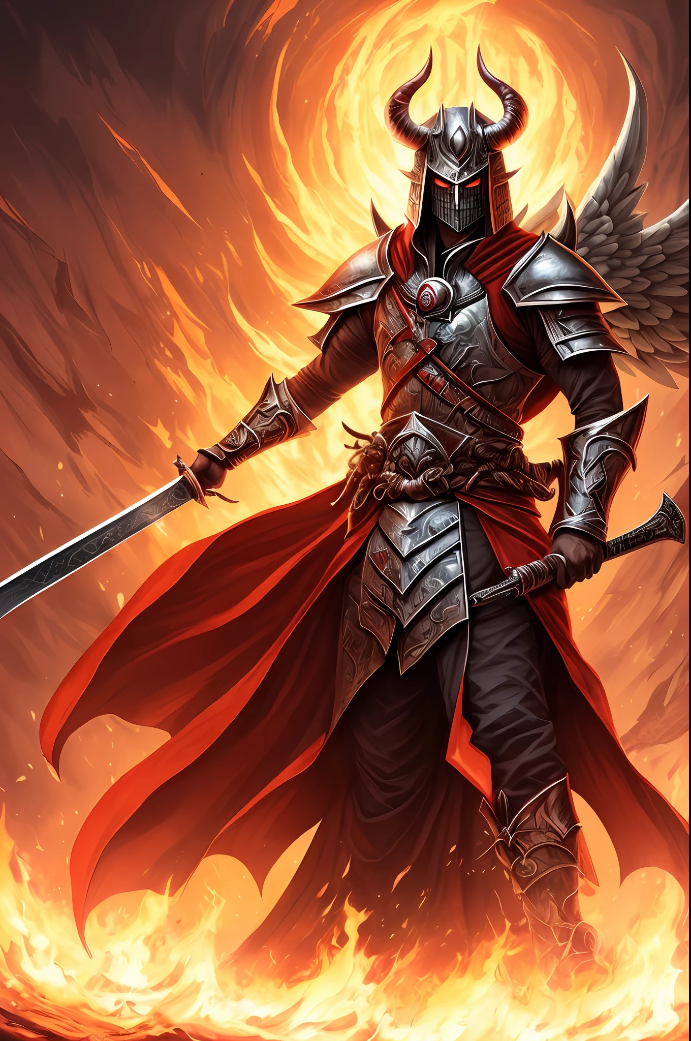 Close-up of a demon holding a sword in his hand, Blood Knight, A scene from the《Intrepid Covenant》Omen, lord of cinder, ruler of inferno, Demon Samurai, painted portrait of mordekaiser, evil knight, demon soul concept art, Demon armor, Demon Lord, beautiful male god of death, demon samurai warrior, the former demon king, Angel Park