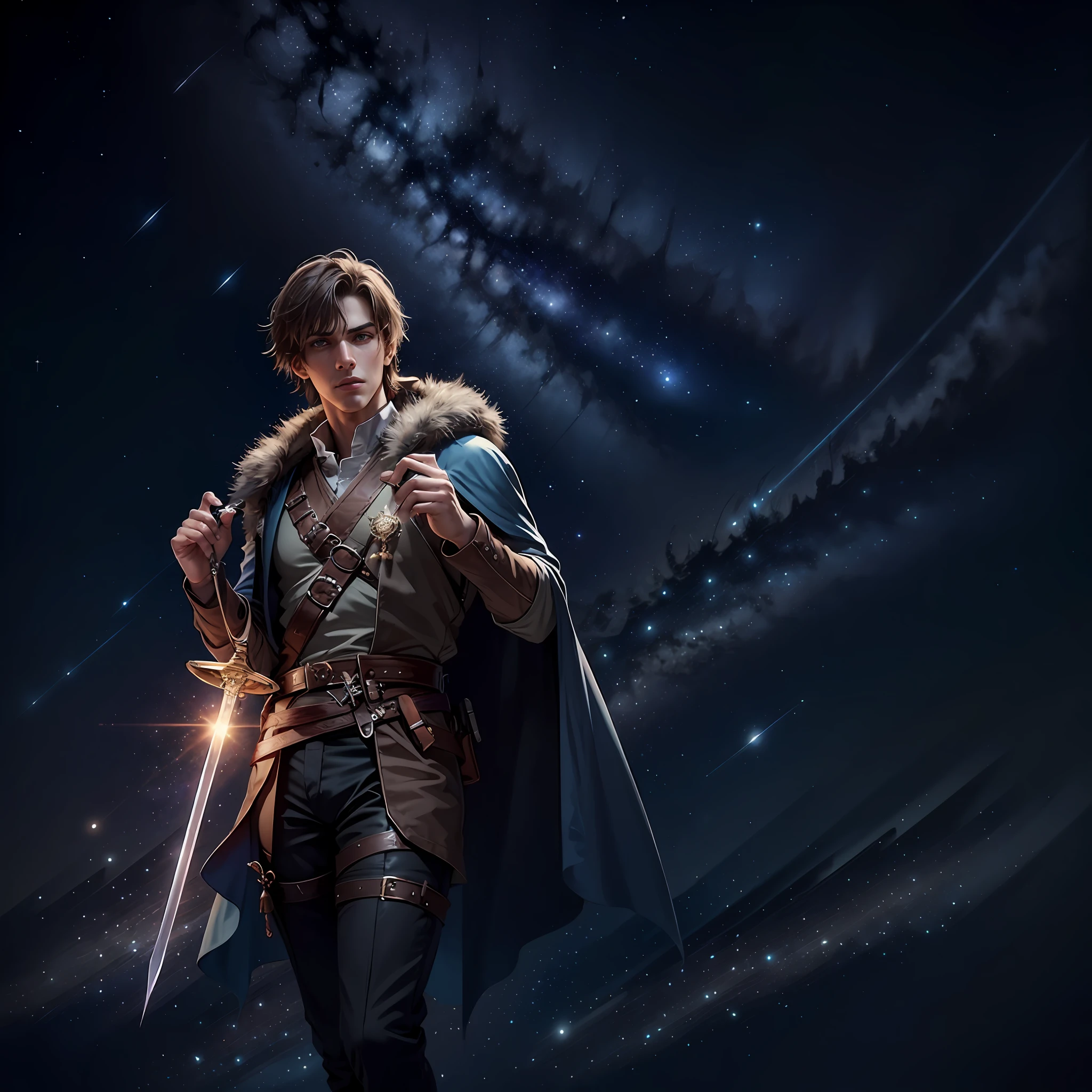 Handsome man in Han costume holding a sword under the stars (Zoom out,Zoom in on the starry sky)