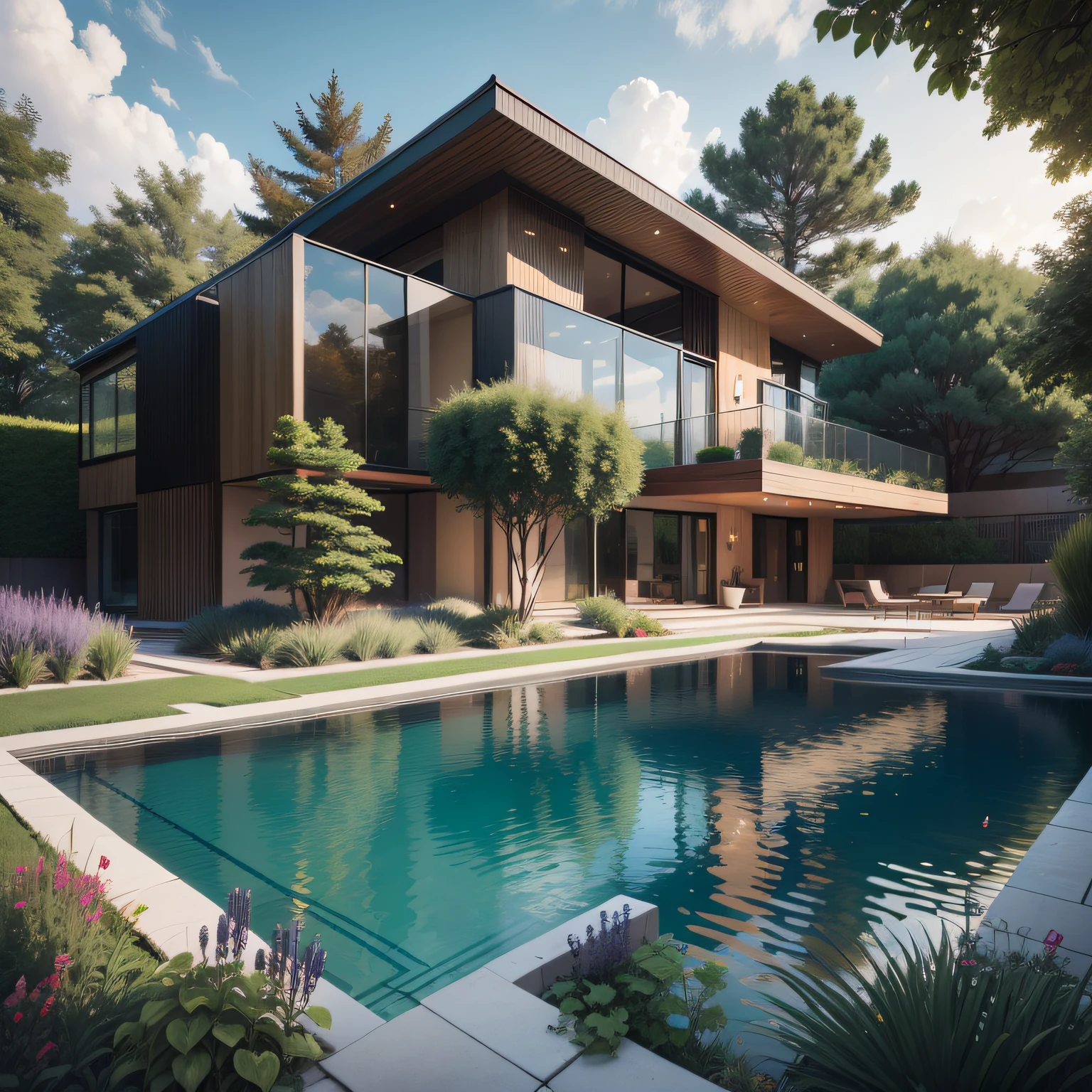 Organic modern architecture on a fairly large plot, from , there is a swimming pool in the middle of a large house of a flower, color of the house in chocolate brown and black beams, large modern residence, flat roofs and garden, render luxcore, render oktane, a photorealistic rendering, architectural rendering, mantra rendering, architectural rendering, realistic rendering, architectural visualization, wellness pool,  Architectural visualization, large green zones, with small zones of lavender flowers, green shrubs type lush green garden, as well as small water mirrors, swimming pool embedded in an area of sand, olive and pine trees around the house, paddle court next to the house