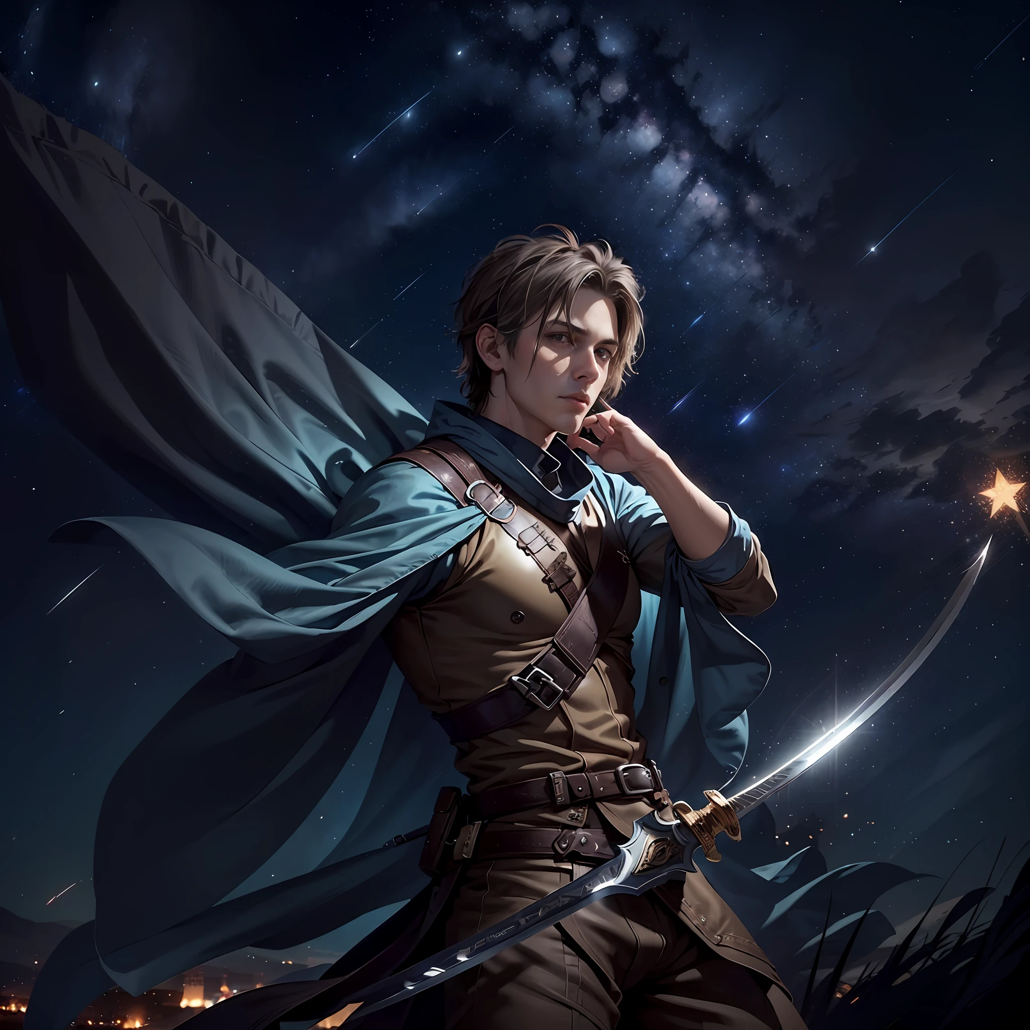 Handsome man in Han costume holding a sword under the stars  （Zoom out，Zoom in on the starry sky）