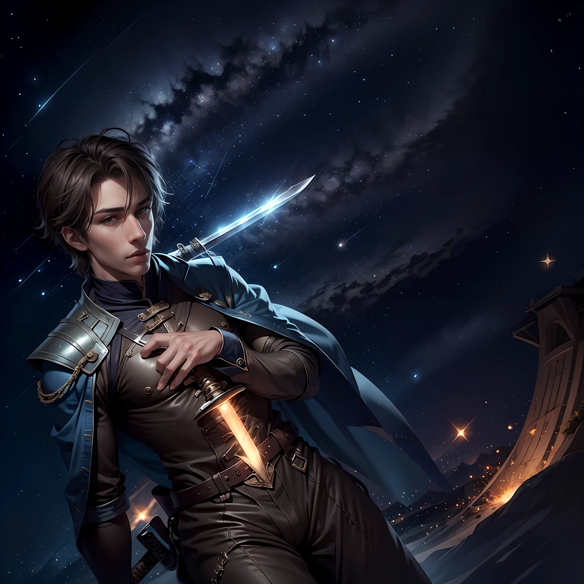 Handsome man in Han costume holding a sword under the stars  （Zoom out，Zoom in on the starry sky）