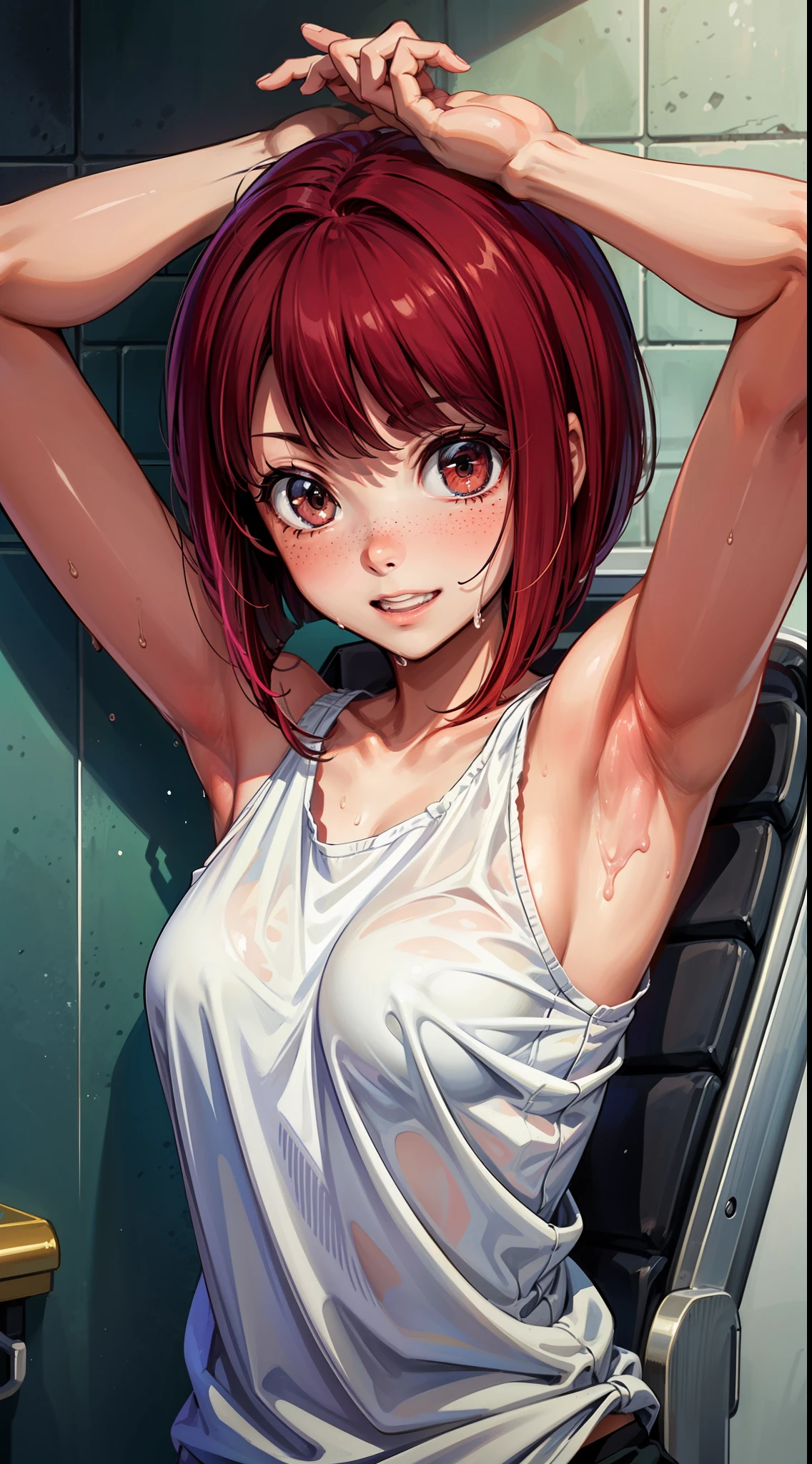 30 year old woman with brown hair with bob hair wearing tank top、Arms crossed behind the head、small tits、Brown-eyed、Freckles on the face、bangss、realisitic、Round face、Show your teeth and smile、be shy、Armpits are wet with white liquid、Yogurt in the armpit、The upper part of the body、Beautiful woman、Yogurt is poured into the armpits and gets dirty、Ruined restroom