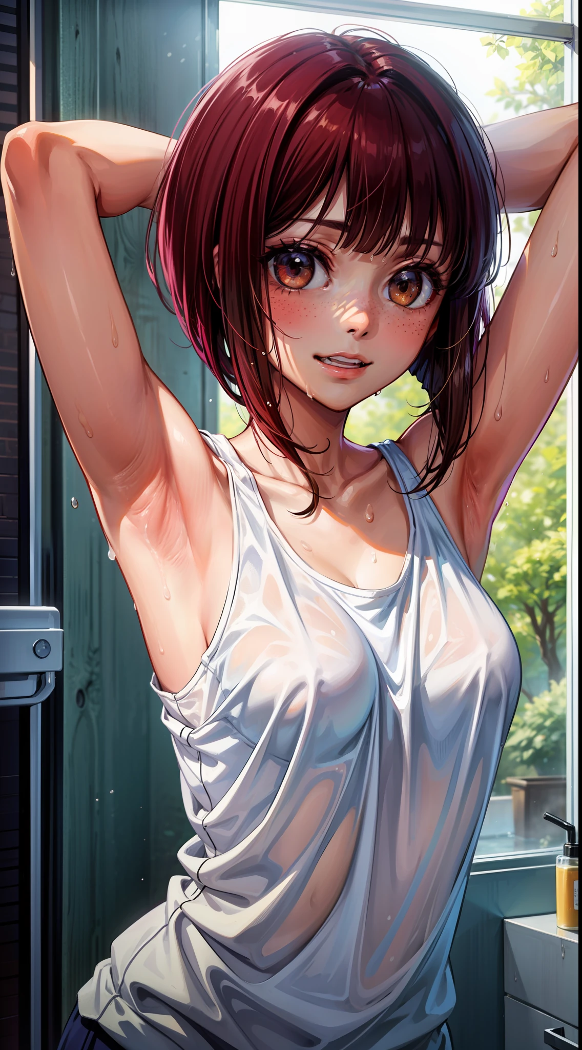 30 year old woman with brown hair with bob hair wearing tank top、Arms crossed behind the head、small tits、Brown-eyed、Freckles on the face、bangss、realisitic、Round face、Show your teeth and smile、be shy、Armpits are wet with white liquid、Yogurt in the armpit、The upper part of the body、Beautiful woman、Yogurt is poured into the armpits and gets dirty、Ruined restroom