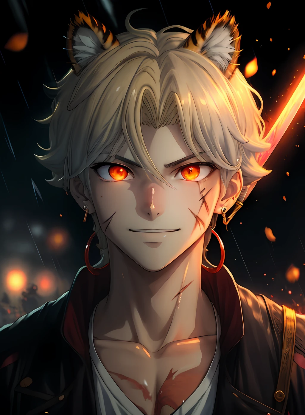 Golden rabbit earrings，Red eyes，blond hairbl，Look up，Crescent earrings，Tsundere，Kaneki with happy red eyes swings his sword in the rain, Burst out of charm, 4k manga wallpapers, Anime style 4K, Blur the background to focus on the subject, Digitally realistic details, Showcase the art of delicate animation。Toothy smile，Tiger Tooth，seduct smile，Fluorescence，style of anime，high qulity，scars on eyes