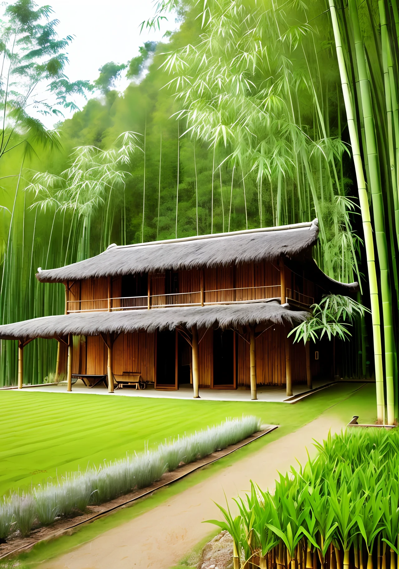 Field, bamboo house, rockery spring, bamboo forest