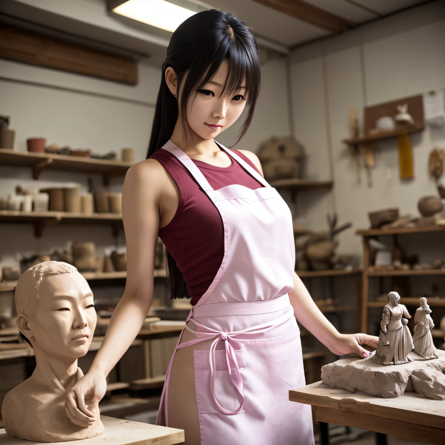 a working of a woman sculpting in workshop with a pink apron, japanese model, young sensual gravure idol, young pretty gravure idol, realistic young gravure idol, realistic sensual gravure idol, young gravure idol, sophisticated gravure idol, Yoshitomo Nara, young skinny gravure idol, beautiful asian girl, with clay sculpture --auto