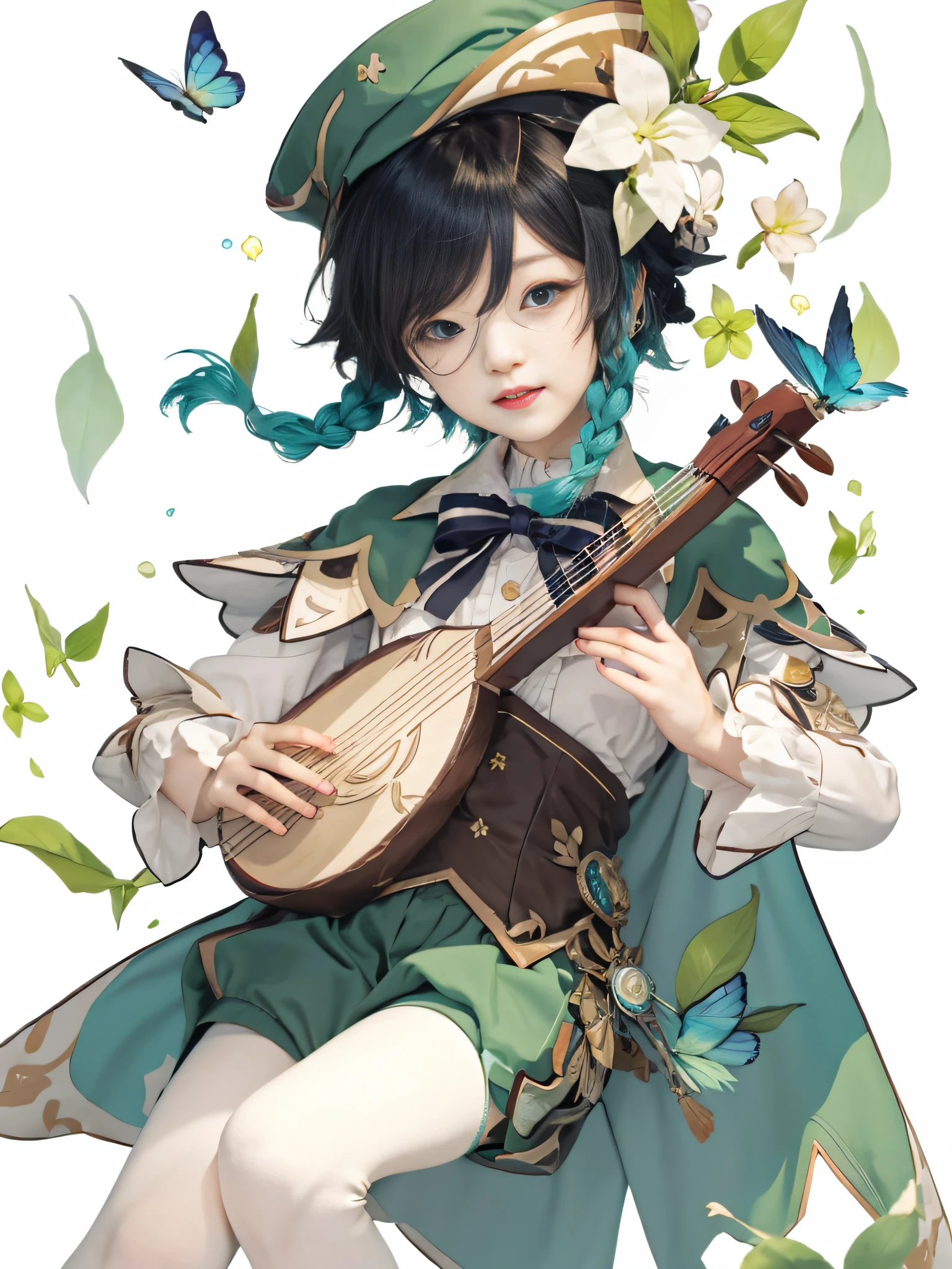 adolable,Blue-green eyes,Holding a lute in your hand,Wendy in Genshin,Wendy,the original god,电影灯光,white stockings,
