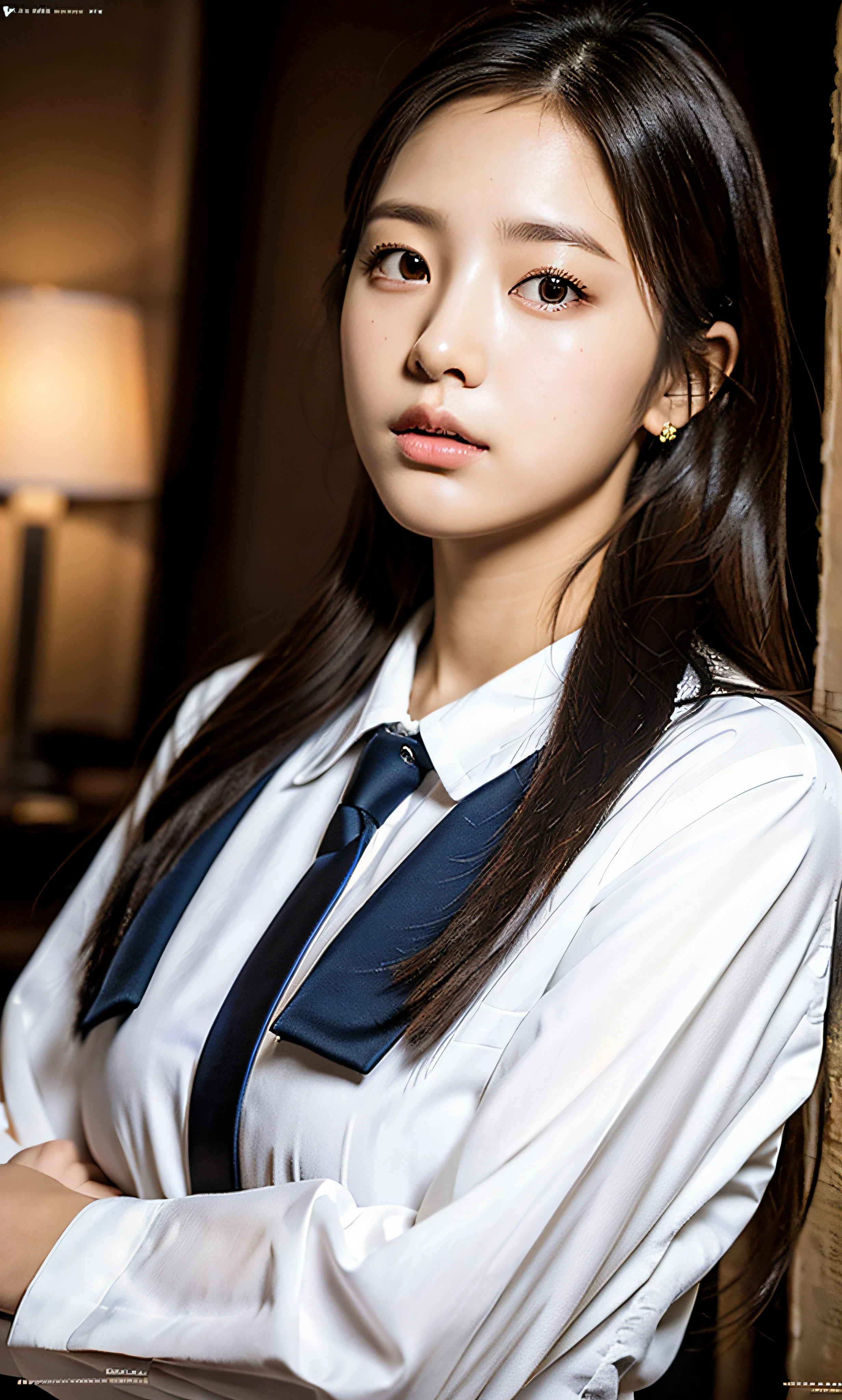 ulzzang-6500-v1.1, (Raw foto:1.2), (Photorealsitic:1.4), a beautiful detailed girl, extremely detailed eye and face, beatiful detailed eyes, Ridiculous, unbelievable Ridiculous, huge filesize, ultra-detailliert, hight resolution, ighly detailed, top-quality, ​masterpiece, ((JK school uniform)), illustratio, ighly detailed, CG, unification, 8k wallpaper, astonishing, finely detail, ​masterpiece, top-quality, Highly detailed CG uniform 8k wallpaper, Light on the face, Cinematographic lighting、1girl in、18year old