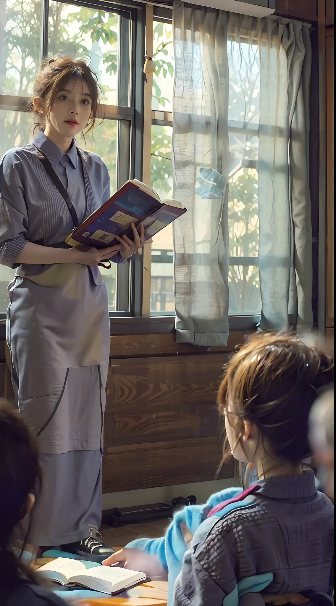 The light is gentle，Sunlight enters the room through the window，A little perspective composition，Surrealist painting style，A middle-aged male teacher stands on a podium with a book and lectures，Delicate face，Complete body proportions，Four students wore school uniforms and listened attentively，Head down and take notes，4k画质，