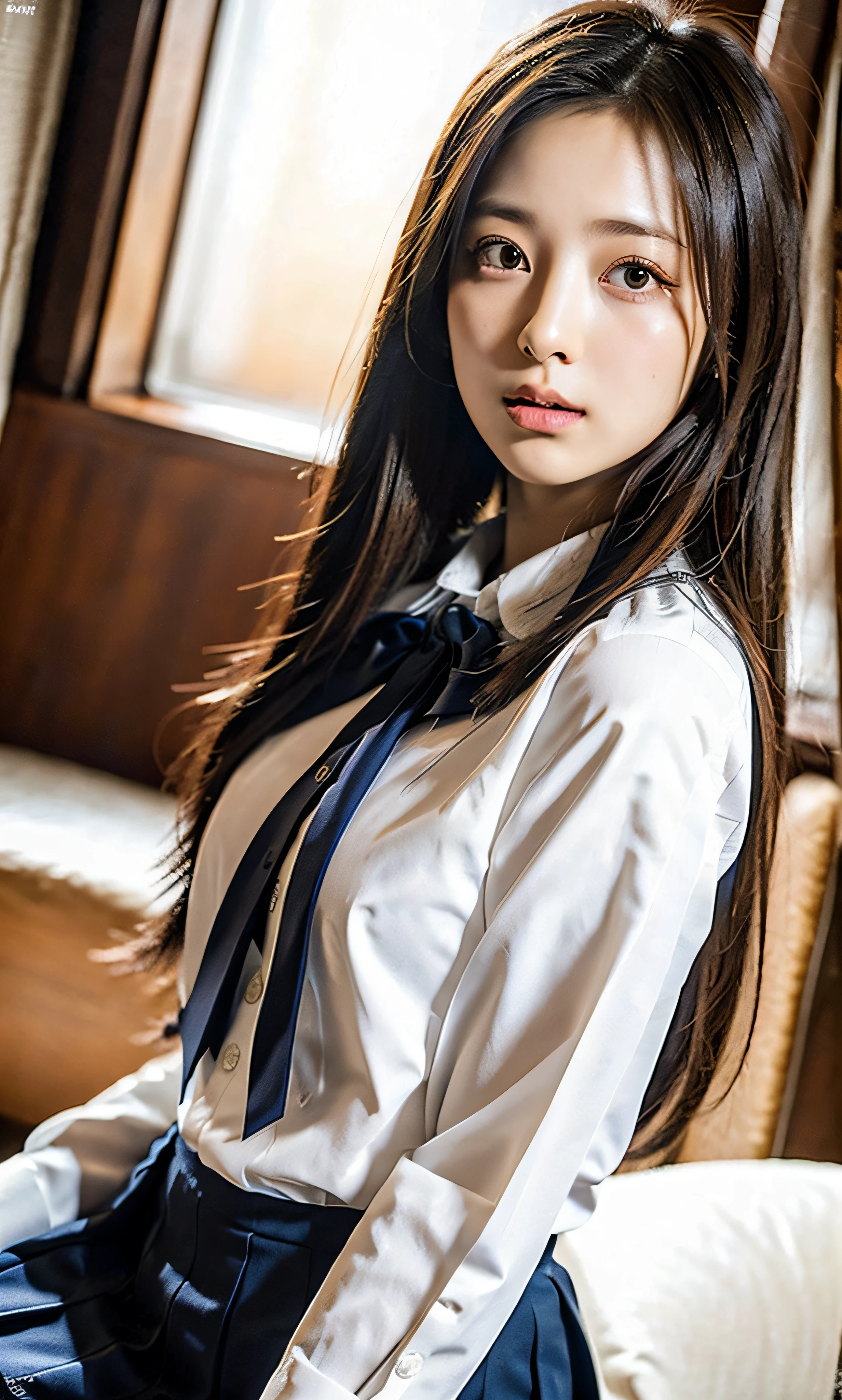 ulzzang-6500-v1.1, (Raw foto:1.2), (Photorealsitic:1.4), a beautiful detailed girl, extremely detailed eye and face, beatiful detailed eyes, Ridiculous, unbelievable Ridiculous, huge filesize, ultra-detailliert, hight resolution, ighly detailed, top-quality, masterpiece, ((JK school uniform)), illustratio, ighly detailed, CG, unification, 8k wallpaper, astonishing, finely detail, masterpiece, top-quality, Highly detailed CG uniform 8k wallpaper, Light on the face, Cinematographic lighting、1girl in、18year old