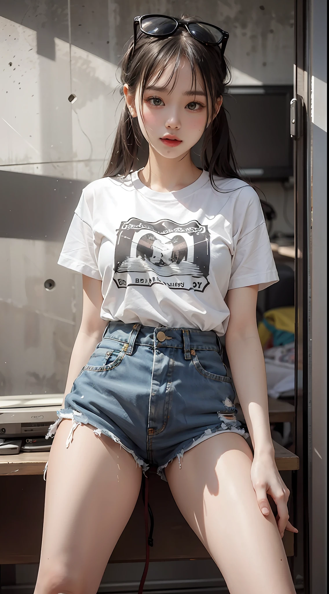 Two，25-year-old little beauty，small heads）Wear a white T-shirt printed with a translucent pattern，denim short，Full body photo，Close-up shot，messy hair style，蝴蝶结🎀背景大街，‎Classroom，Standing and posing，Slim figure，Small lips，mature