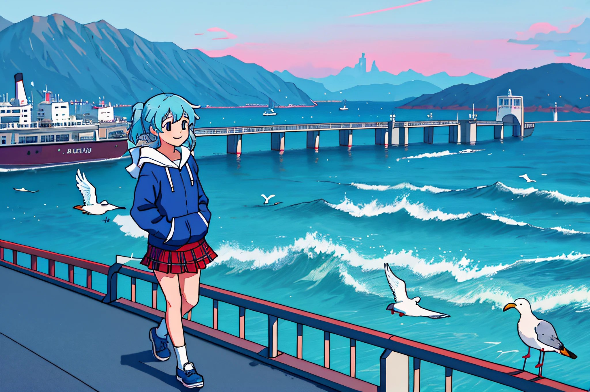 younger female, pupils,
hoodie oversized,校服,Plaid skirts,bookbag,
using a smartphone,
Walk on the bridge,
dawn
side,超A high resolution,tmasterpiece,A high resolution,best qualtiy,1girl solo,Kamisato_Ayaka,Smiling girl solo,Smile by the sea,eventide,seagulls,steamship,blue hairs