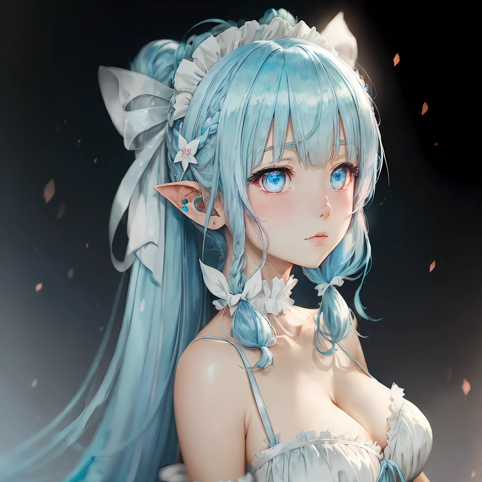 Light blue hair, Hair ribbon, Hairpin, maid headdress, Long, Slightly exposed pointed ears,, Anime style, , Chiaroscuro, Depth of field, , Glowing light,, hyper HD, A high resolution，red - eyed，huge tit，National style，ink and watercolor painting --auto