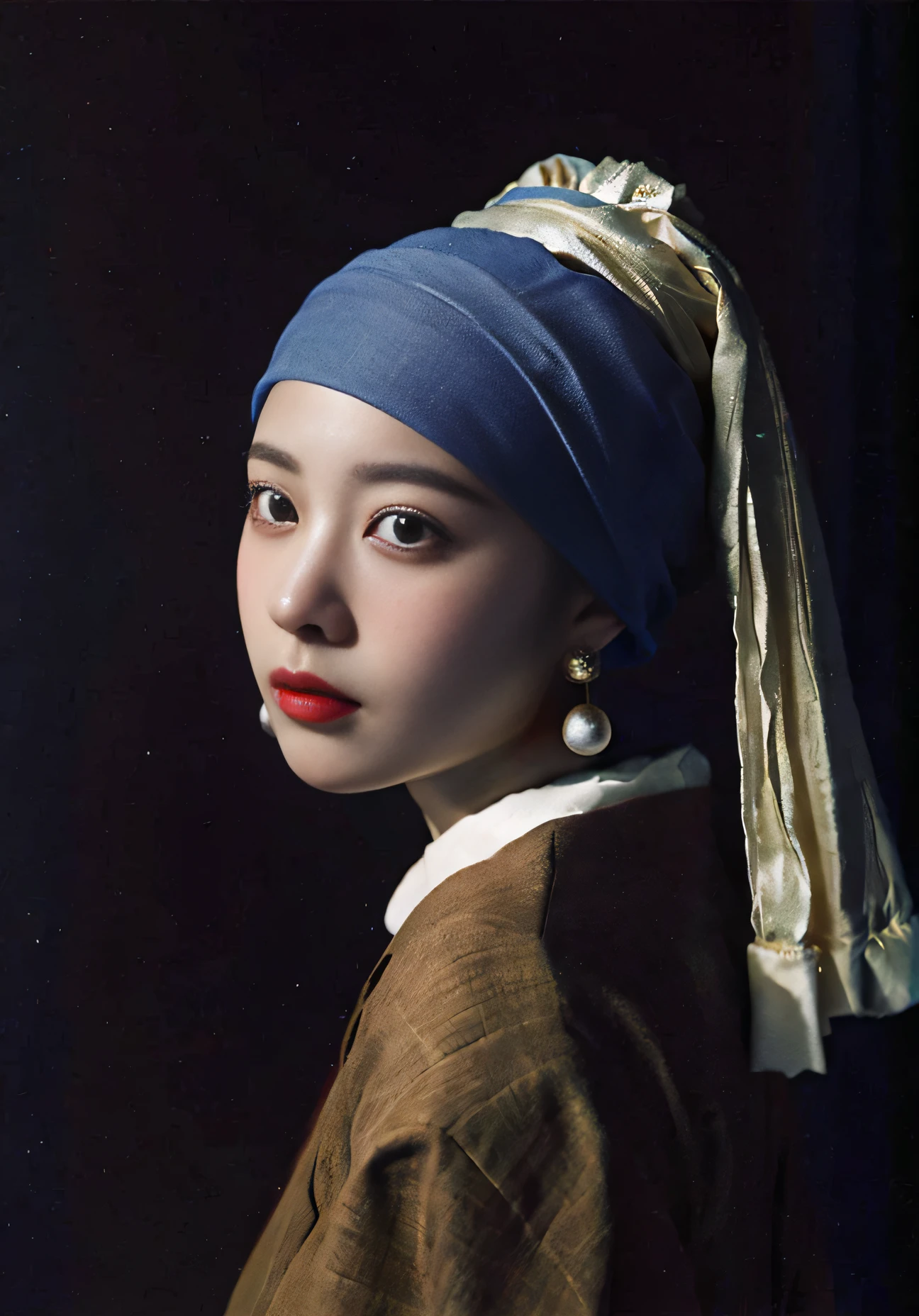 Close-up of girl with pearl earrings,A blue turban is wrapped around his head