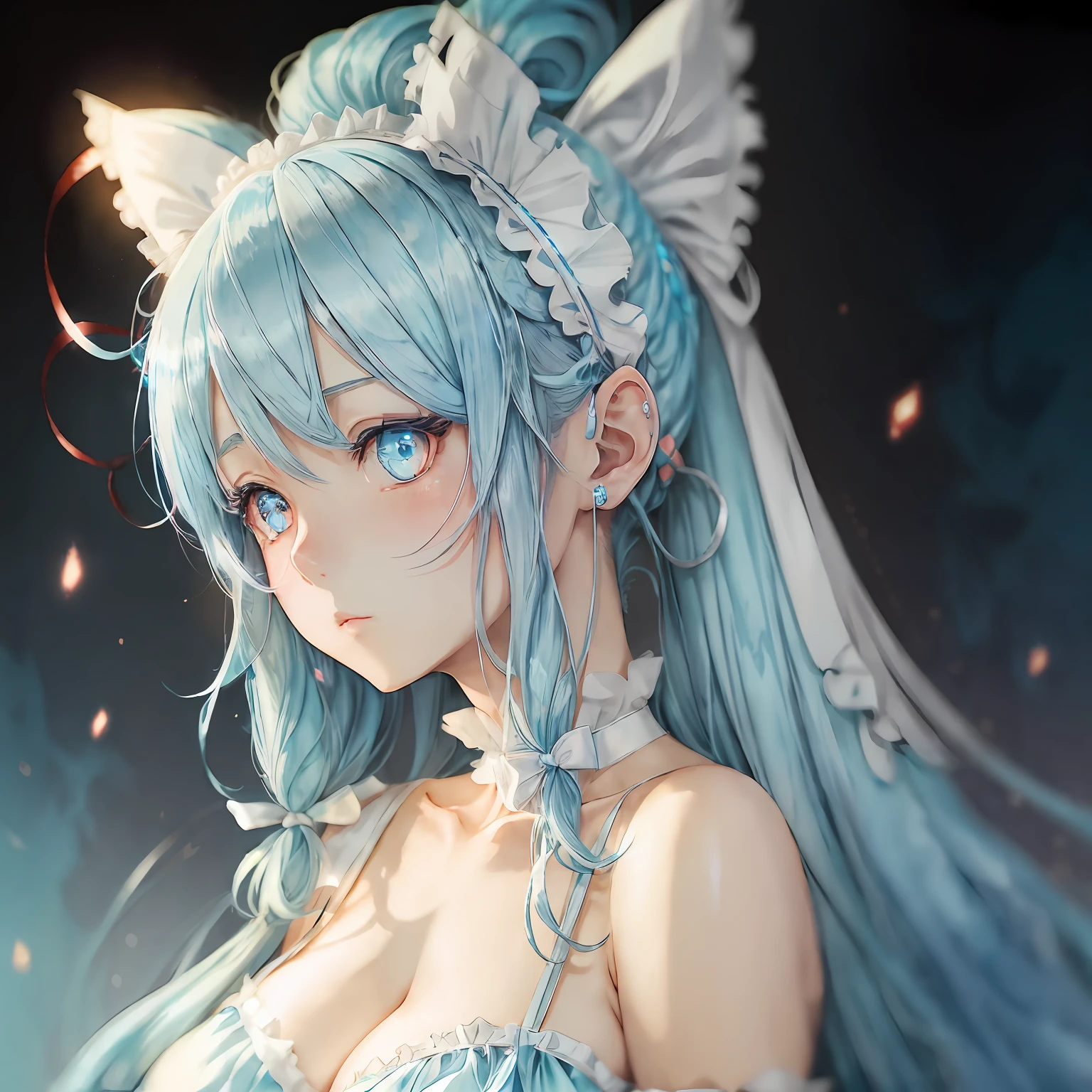Light blue hair, Hair ribbon, Hairpin, maid headdress, Long, Slightly exposed pointed ears,, Anime style, , Chiaroscuro, Depth of field, , Glowing light,, hyper HD, A high resolution，red - eyed，huge tit，National style，ink and watercolor painting --auto