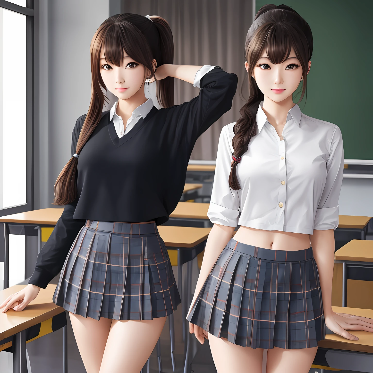 Masterpiece, best quality, (realistic, realistic: 1.4), (RAW photo: 1.2), very detailed CG unity 8k wallpaper, very delicate and beautiful, amazing, fine details, official art, ridiculous, unbelievably ridiculous , huge file size, super detailed, very detailed, pretty detailed girl, very detailed eyes and face, beautiful detailed eyes, light on face, 1girl, long hair, ((ponytail)), solo, cute, looking at viewer, (perfect female figure) , slender waist, full body, big breasts, standing, school uniform, miniskirt, miniskirt, plaid skirt, navel, cropped navel, tank top, bare arms, bangs, school, classroom, ulzzang-6500- v1.1 --auto
