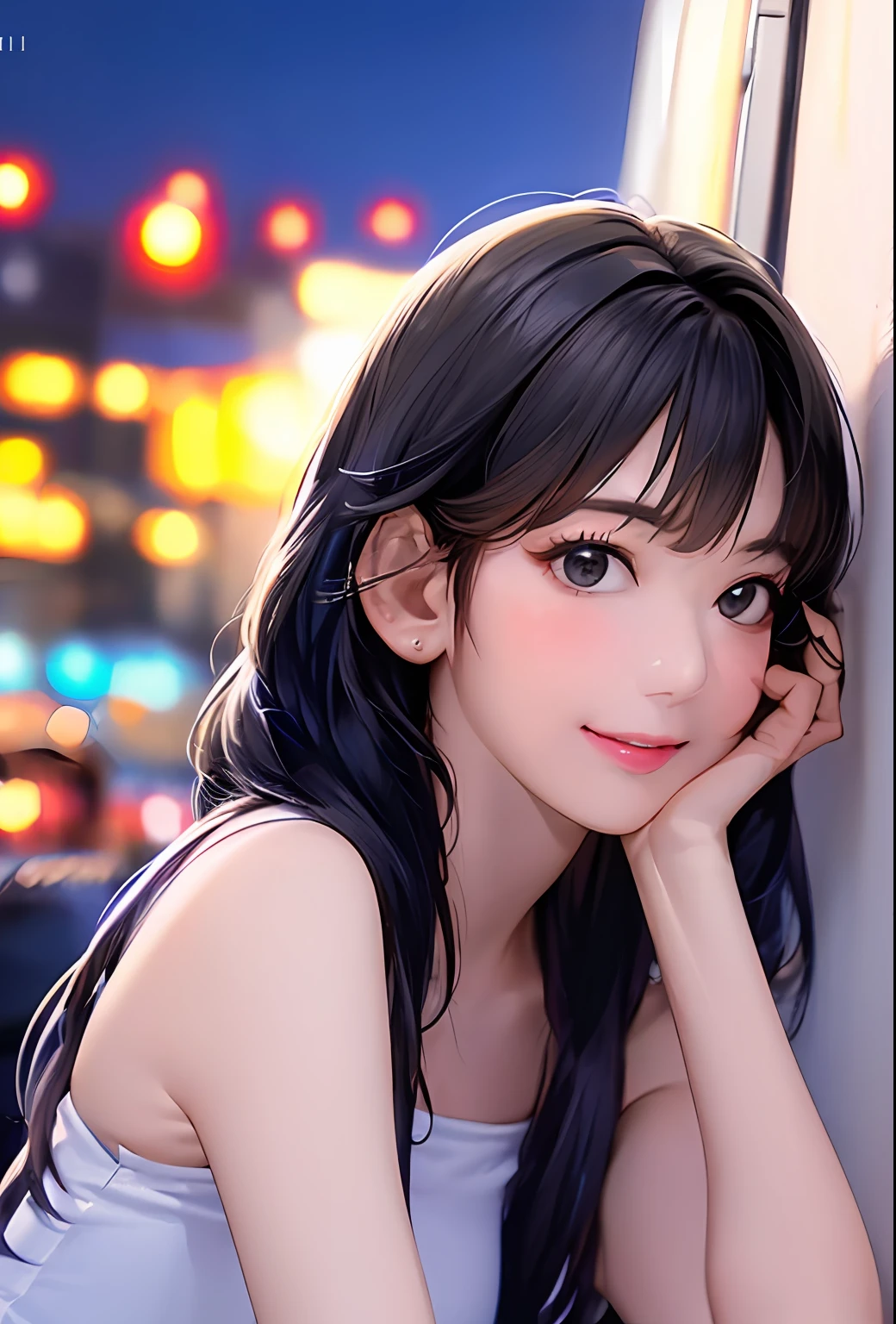 (in 8K、top-quality、masterpiece:1.2)、(realisitic、Photorealsitic:1.37)、高精細CG統合8K壁紙、(HQ Skin:1.8、shiny skins)、8KUHD、Digital SLR、Soft lighting、hightquality、Film grain、FujifilmXT3(Professional Writing:1.6)、ultra-detailliert、女の子 1 人、cute little、独奏、mid night、Beautiful detailed sky、Detailed Cafe、sitting on、date、(Nasal blush)、 (smile1.15)、(Keep your mouth shut)small tits、beautiful tbig eyes、Floating Hair NovaFrogStyle、