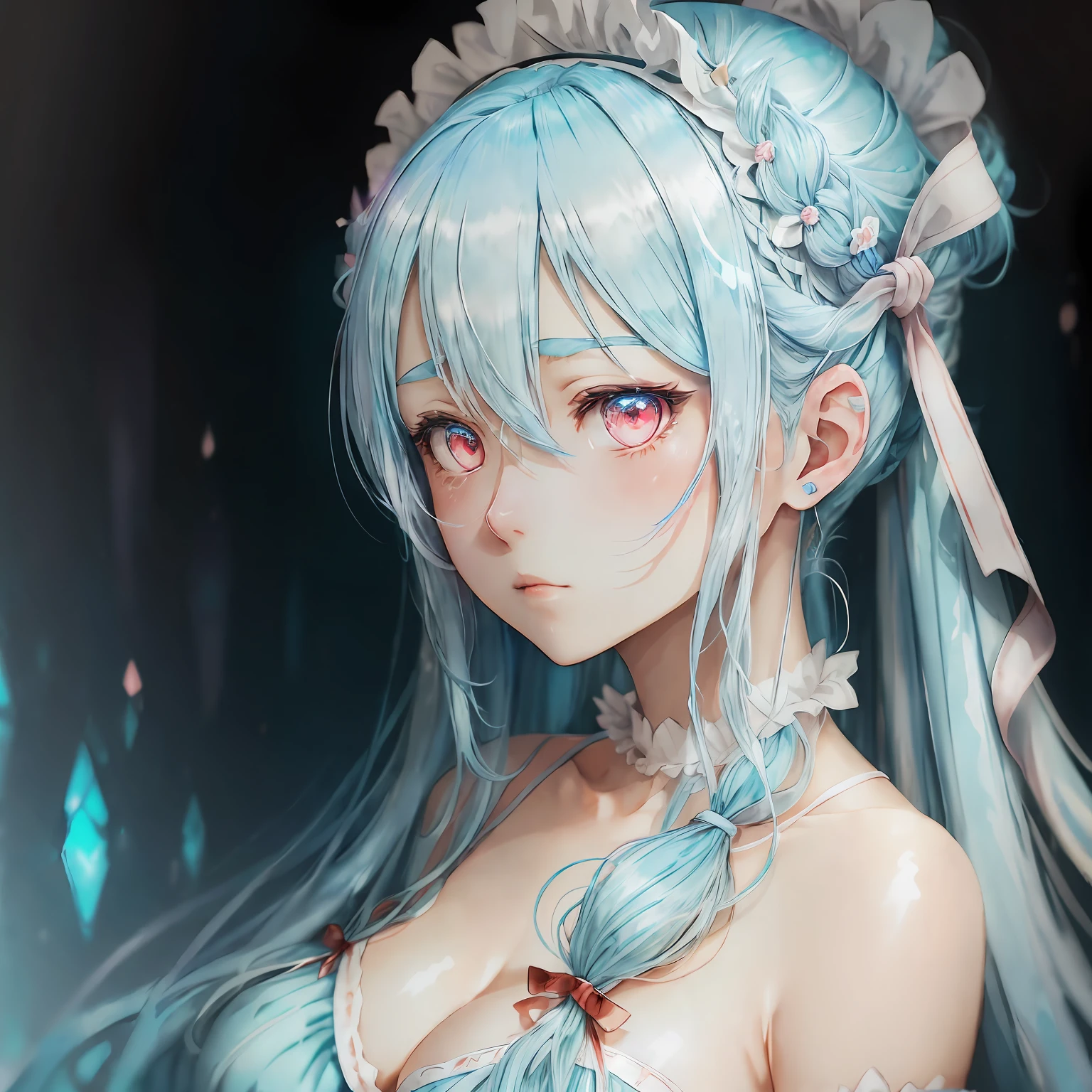 Light blue hair, Hair ribbon, Hairpin, maid headdress, Long, Slightly exposed pointed ears,, Anime style, , Chiaroscuro, Depth of field, , Glowing light,, hyper HD, A high resolution，red - eyed，huge tit，National style，ink and watercolor painting --auto