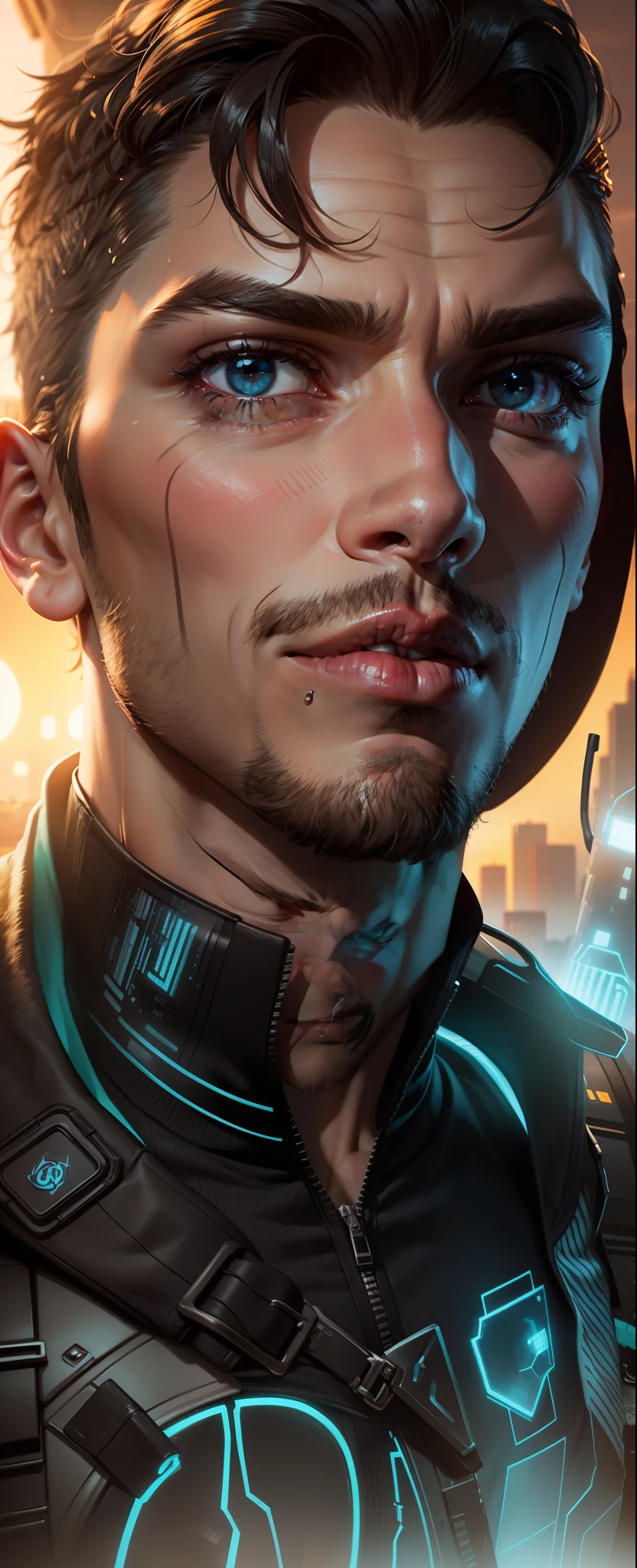 Cyberpunk handsome boy, realistic face,8k,hd, change background, nature,sunset
