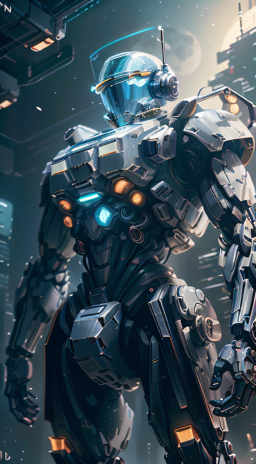 Close-up of a man standing in a car before a full moon,With a mecha helmet,, star citizen halo,, , star citizen, 《Overwatch》Sigma, ps5 cinematic screen capture, star citizen digital art,Mecha Sky --auto