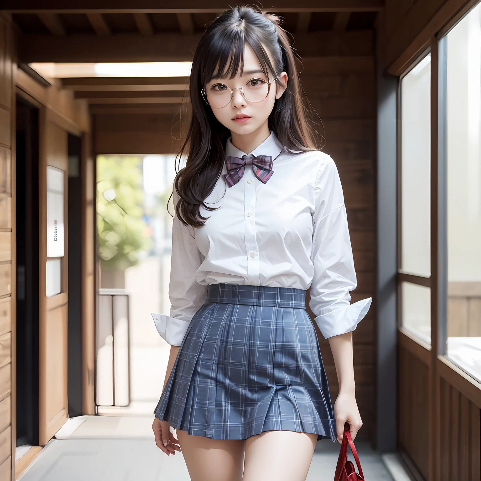 (8K、Raw photography、top-quality、masterpiece:1.2),Parting the bangs from the middle、Forehead visible,(Tight eyes,Bullish,skinny,Rasping,irate,small tits,flat breast)、masterpiece,top-quality、超A high resolution,Raw photo,ren,Beautiful fece,One Person, 独奏,eye glass,,Dark look,Small breasts,fullllbody,Round glasses、cute little、A Japanese Lady,is standing,(Tight eyes,Bullish,skinny,Rasping,irate,small tits,flat breast)、(Photorealsitic:1.37)、Photon mapping,Light blue ribbon,Realistic、Cute little face,Brown-eyed、Black socks、(Red bow tie)、Radio City、Physically Based Rendering、Foreground、depth of fields、Blurry background、a picture,The girls、Body, Long legs, Thin leg, poneyTail,(Bangs are visible), hair, s lips, Blue_The eye, nosesoft, Bra shows through and are visible,White shirt, Navy blue and white plaid pleated skirt, Sheer clothing,, Thigh, Black cotton socks,Nogizaka Idol, 女優, Japanese ido