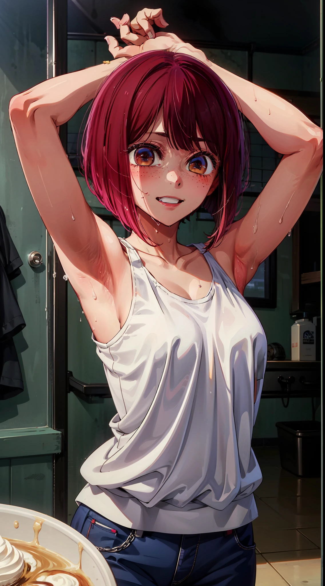 30-year-old woman with brown hair with bob hair wearing white leopard print tank top、Arms crossed behind the head、small tits、Brown-eyed、Freckles on the face、bangss、realisitic、Round face、Show your teeth and smile、be shy、Armpits are wet with white liquid、Yogurt in the armpit、The upper part of the body、Beautiful woman、Yogurt is poured into the armpits and gets dirty、Ruined restroom