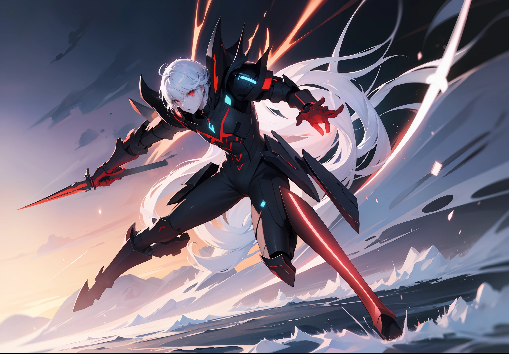Anime,(masterpiece:1.5), (bestquality), highlydetailed, ultra-detailed, pale hair:white hair:1.0, red eyes, high-tech battle suit, floating blade, full body, cold and aloof, cold color palette, glowing eyes