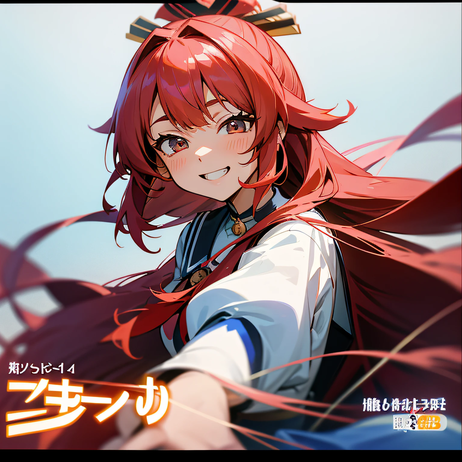 Close up of a woman with long hair and bows, Ayaka Genshin impact, cunning expression, she has a cute expressive face, screenshot from the anime film, Also, Sly smile, 2 0 1 9 anime screenshot, grinning lasciviously, close up iwakura lain, still from tv anime, animated still,illustrious,red hair,long whitr hair --auto