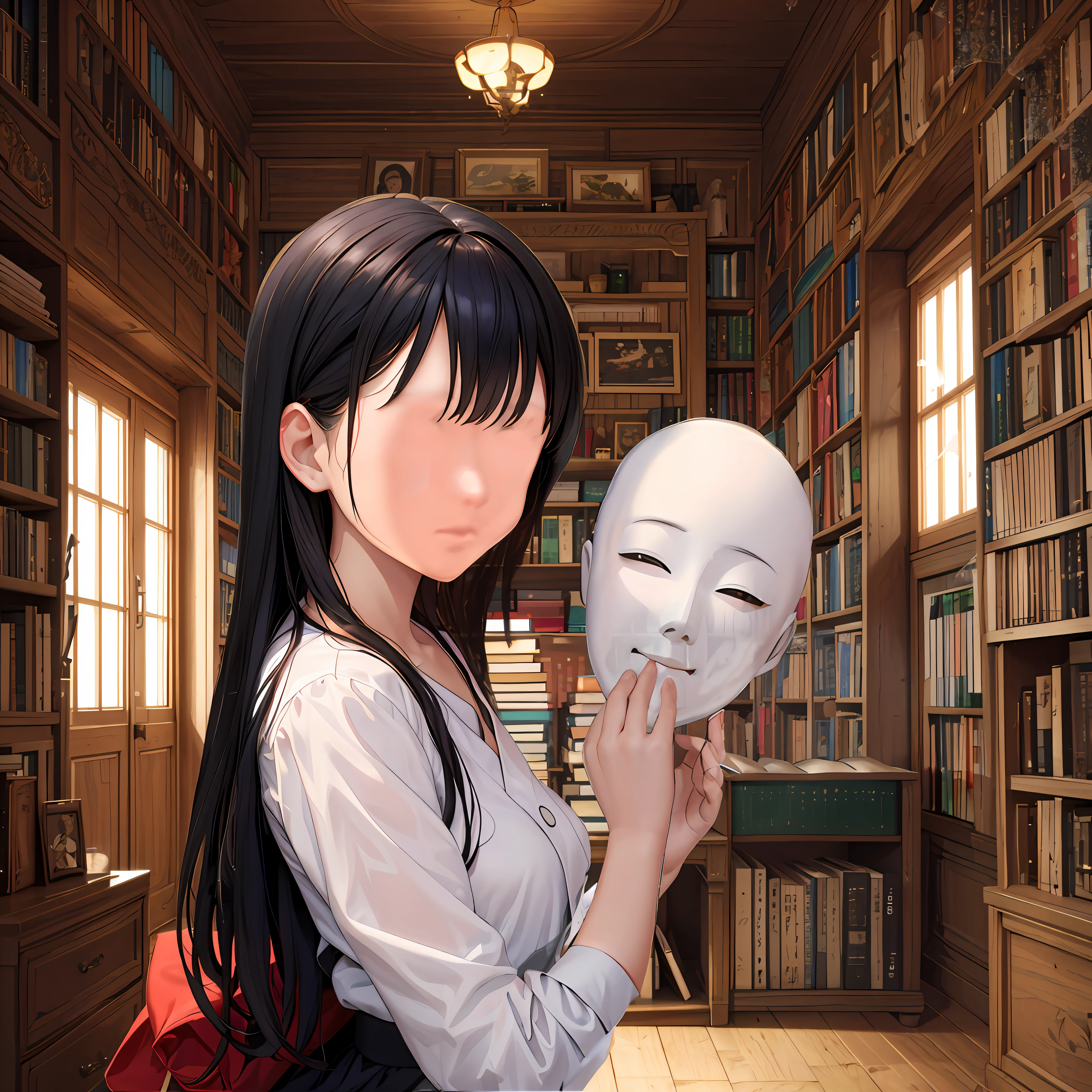 anime girl holding a mask in a library with bookshelves, with no face, artwork in the style of guweiz, makoto shinkai and tom bagshaw, No face mask, guweiz masterpiece, realistic anime 3 d style, with kitsune mask, No face, guweiz, visual novel cg, 3 d anime realistic