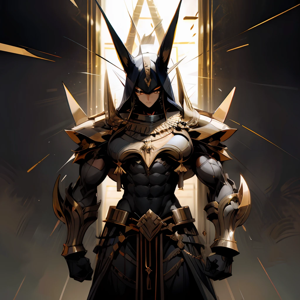 anubis, muscular body, stand in front of piramid
