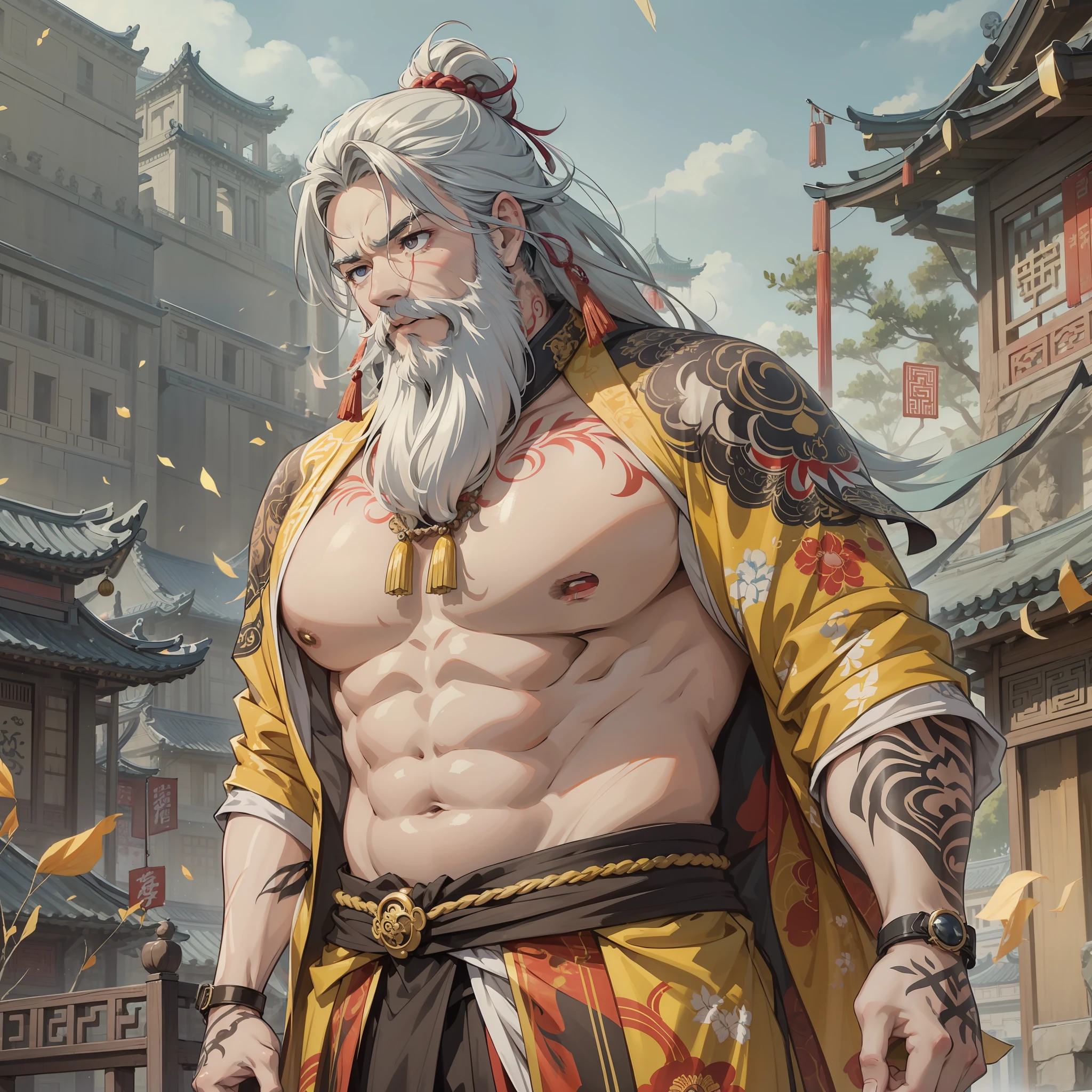 White-bearded hypertrophy,Drifting long hair,The old man in the anime is placed in an ancient Chinese palace,(Background is ancient Chinese palace 1.5)style of anime4 K,Anime rendering,style of anime。8K,fatness,Ancient Chinese men(Upper body display 1.5)(Cinematic lighting 1.5)Vicissitudes 1.5,The upper part of the body_bareness,intricate tattoos