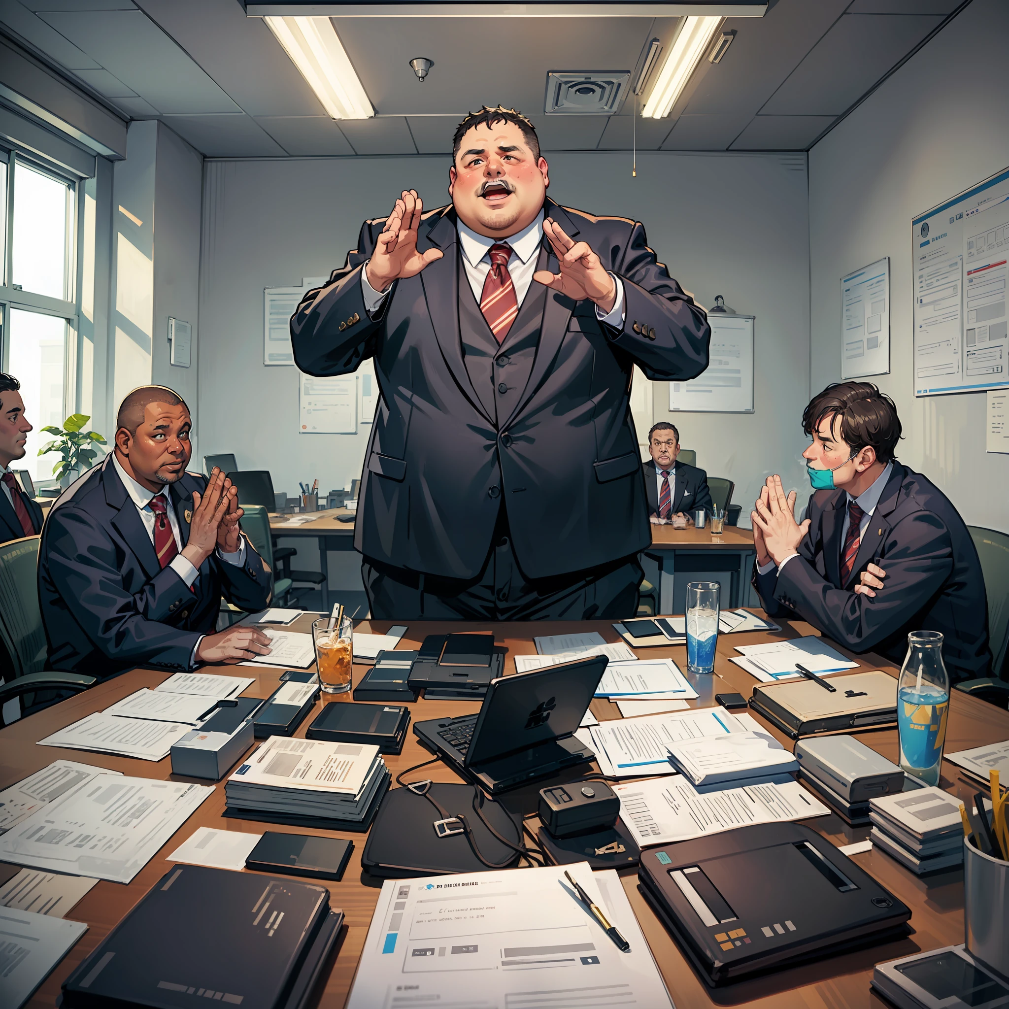(A fat, greasy middle-aged man in a suit)
(Raises hand, snaps)
(Several people sit in the office)