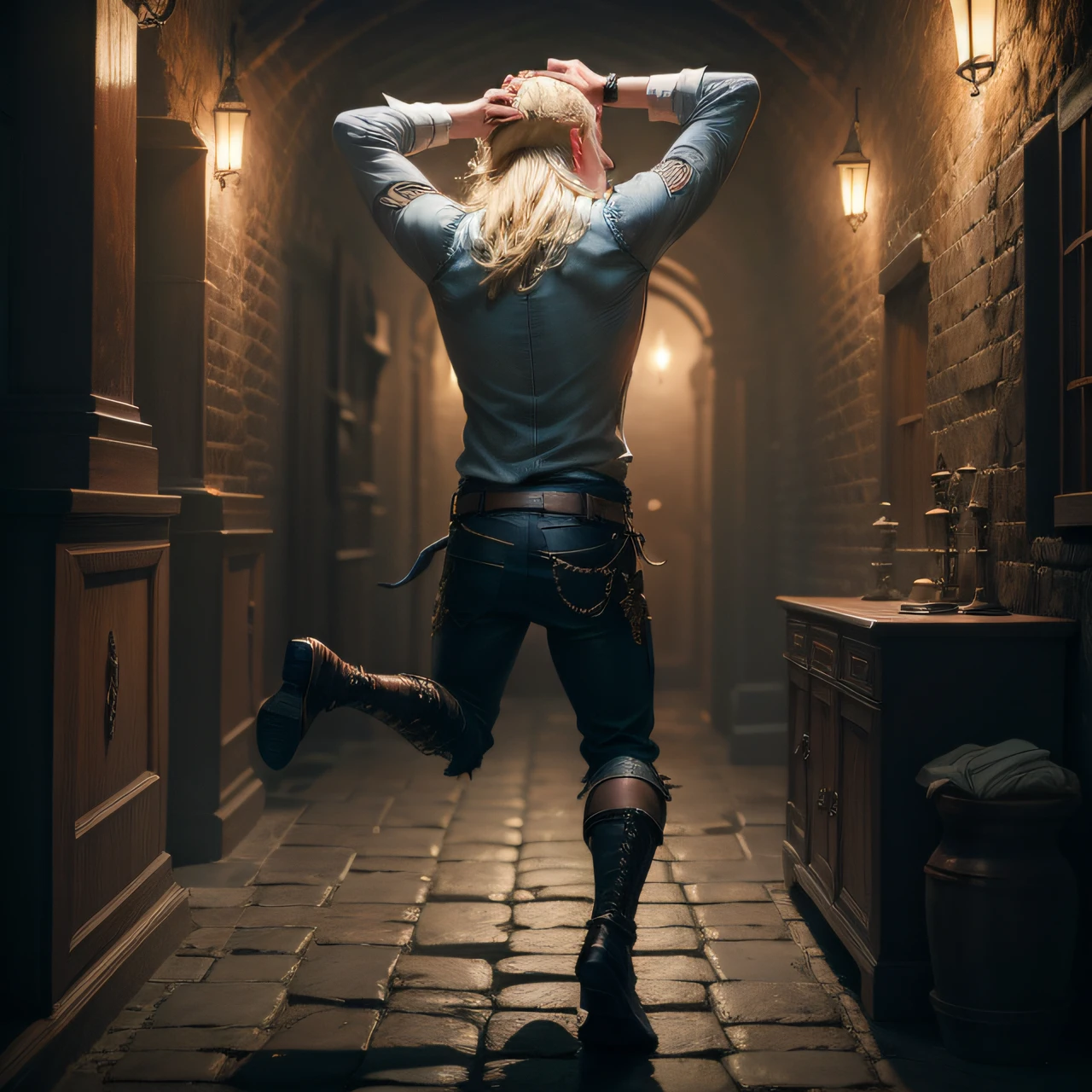 Blonde man running away as fast as he can with his head in his hands and his back to u,Dungeon and Dragons,DnD, Realistic and Highly Detailed Rendering Style, Dungeon and Dragons, 8K, Detailed Eyes, Perfect Eyes, Epic, Dramatic, Fantastic, Full Body, Complex design, details, dramatic lighting, hyperrealism, photorealistic, cinematic, 8k, detailed faces, dramatic photography, epic photography, full body, distant view, --auto
