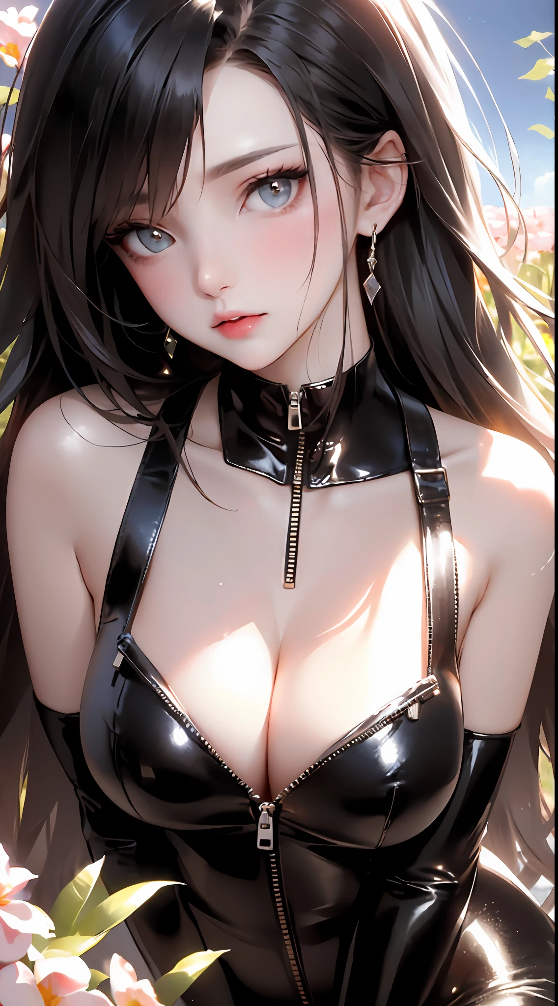 tmasterpiece,best qualtiy,8K,primitive:1.2,realisticlying:1.4,Grotesque,1个Giant Breast Girl,Sexy and revealing,Solo,ff Tifa,Most detailed,opens his eyes wide:1.3,eyes reflection:1.5,eyes with brightness:1.5,White skin,(latex body suit,latex bodysuit),full-length zipper,Slim,Thin leg,sitted,eventide,Updraft,The upper part of the body,Lens flare,cinmatic lighting,Beautiful sky and flower fields