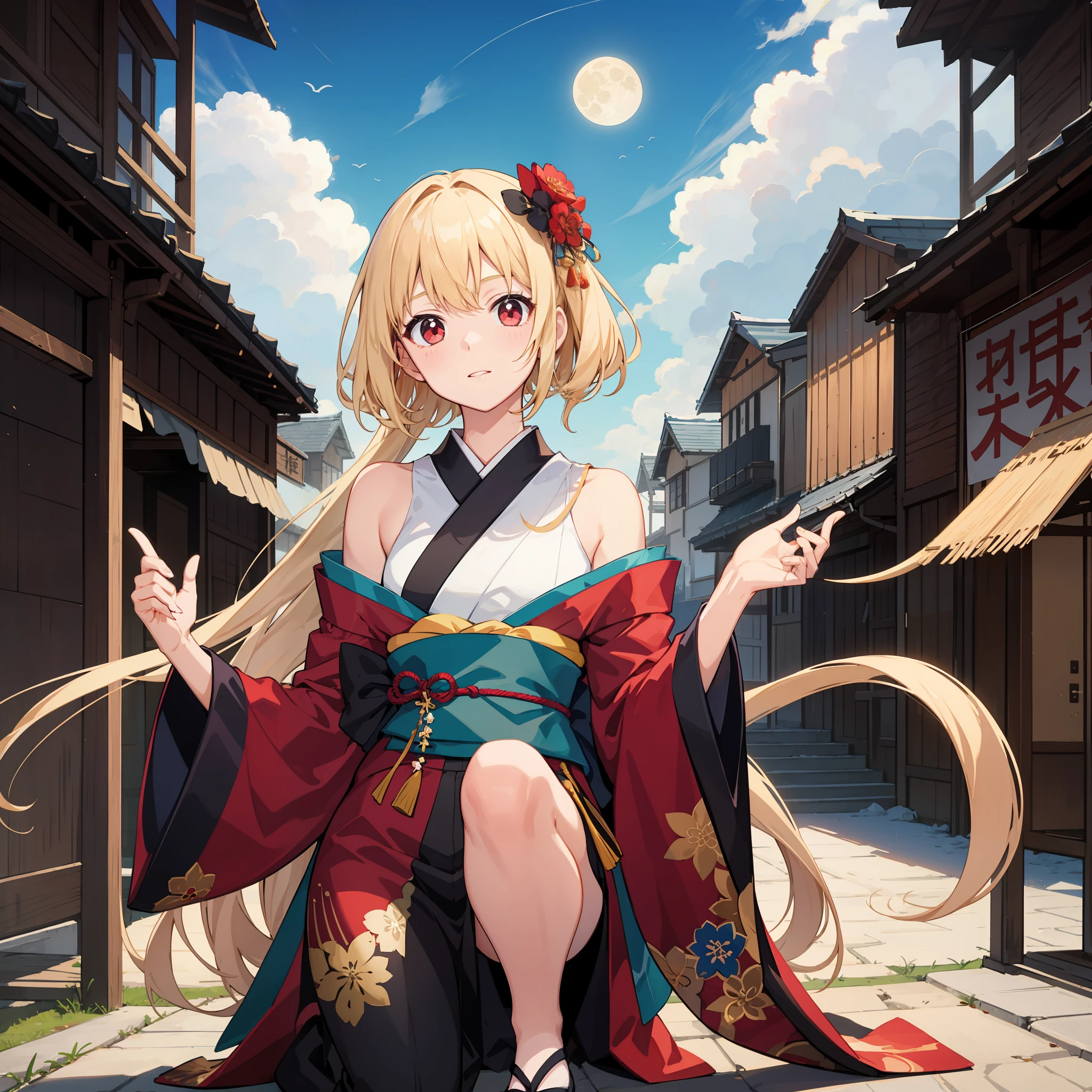 animesque、One blonde girl with red eyes、Kimono、off shoulders、suns、a moon