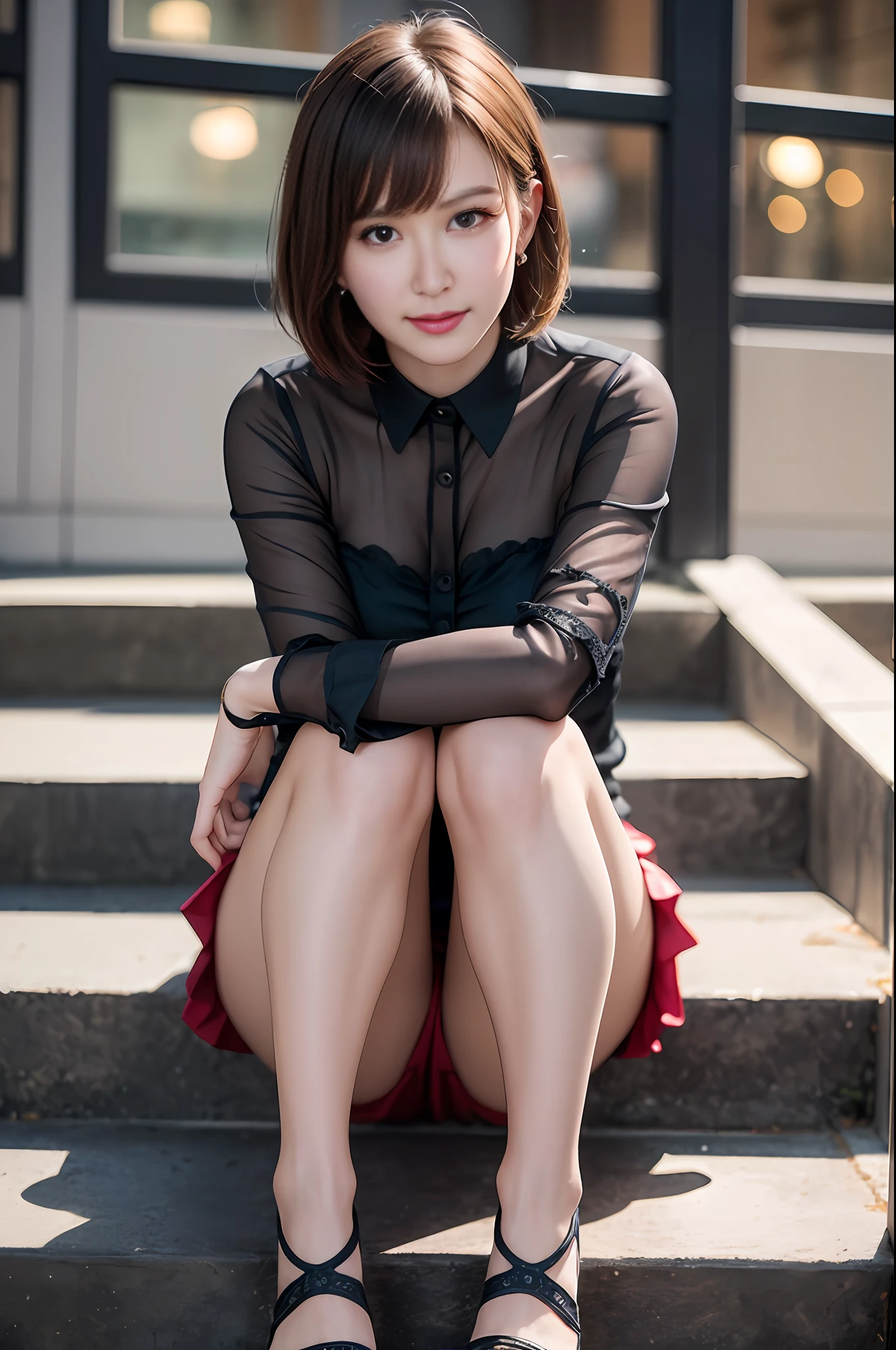 8K raw photos、hight resolution、17-year-old daughter、Layer Hair、Formal shirts、Formal skirt、Smiling smile、long eyeslashes、Beautiful double eyelids、eyeshadows、Beautiful and thin legs、pantyhose、short-hair、In front of the station at night、Stairs at night、crouching down、Sit up、Luxury high heels、(intricate detailes:1.4),(Photorealsitic:1.4),octane renderings, Complex 3D rendering ultra detail, Studio Soft Light, Rim Lights, vibrant detail, Super Detail, realistic skin textures, Detail Face, Beautiful detail eyes, Very detailed CG Unity 8K wallpaper, makeup, (Detailed background:1.2),