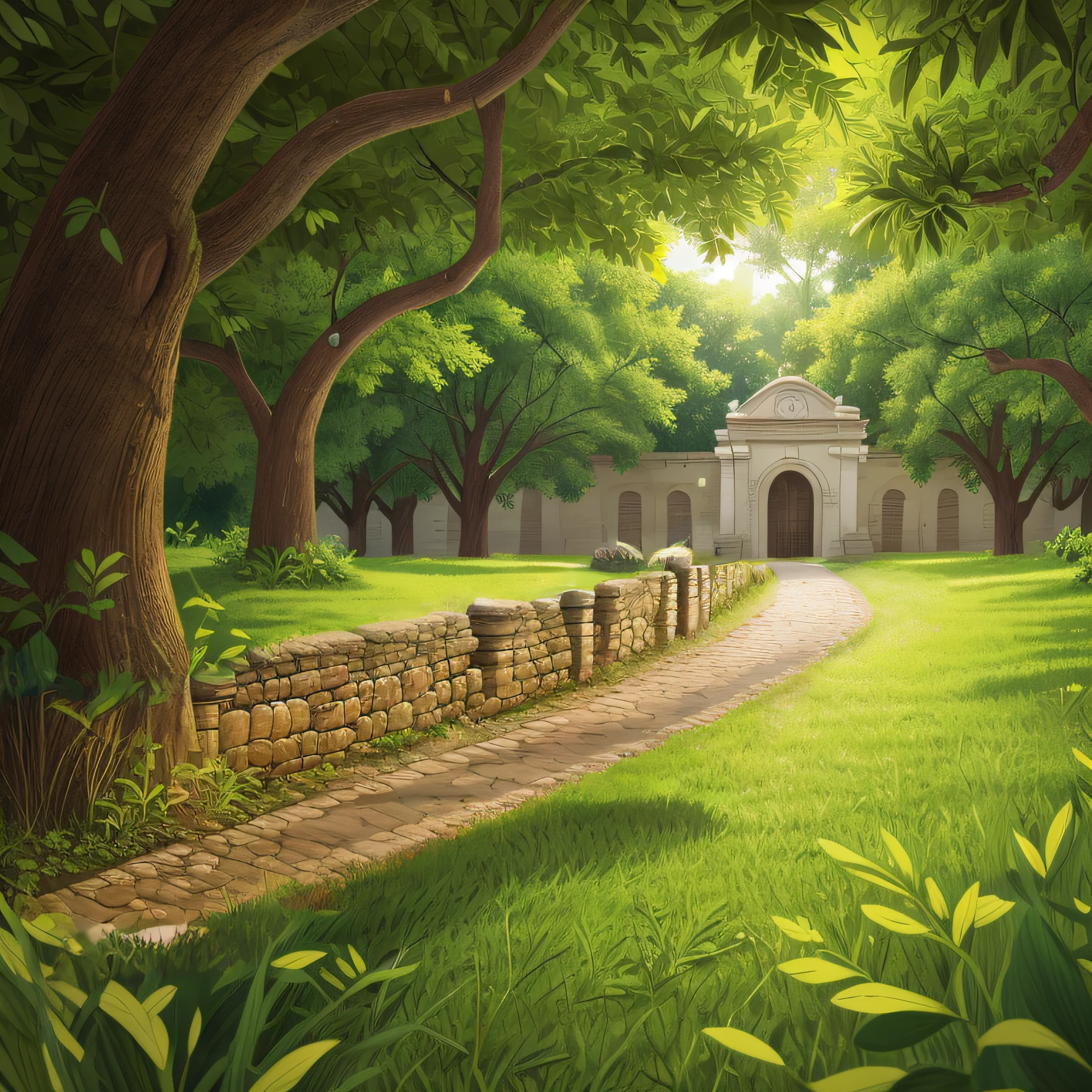 Realistic portrait of a Roman stone road leading to the entrance of the fortification,estrada, trilha, vegetation on both banks, estilo realista