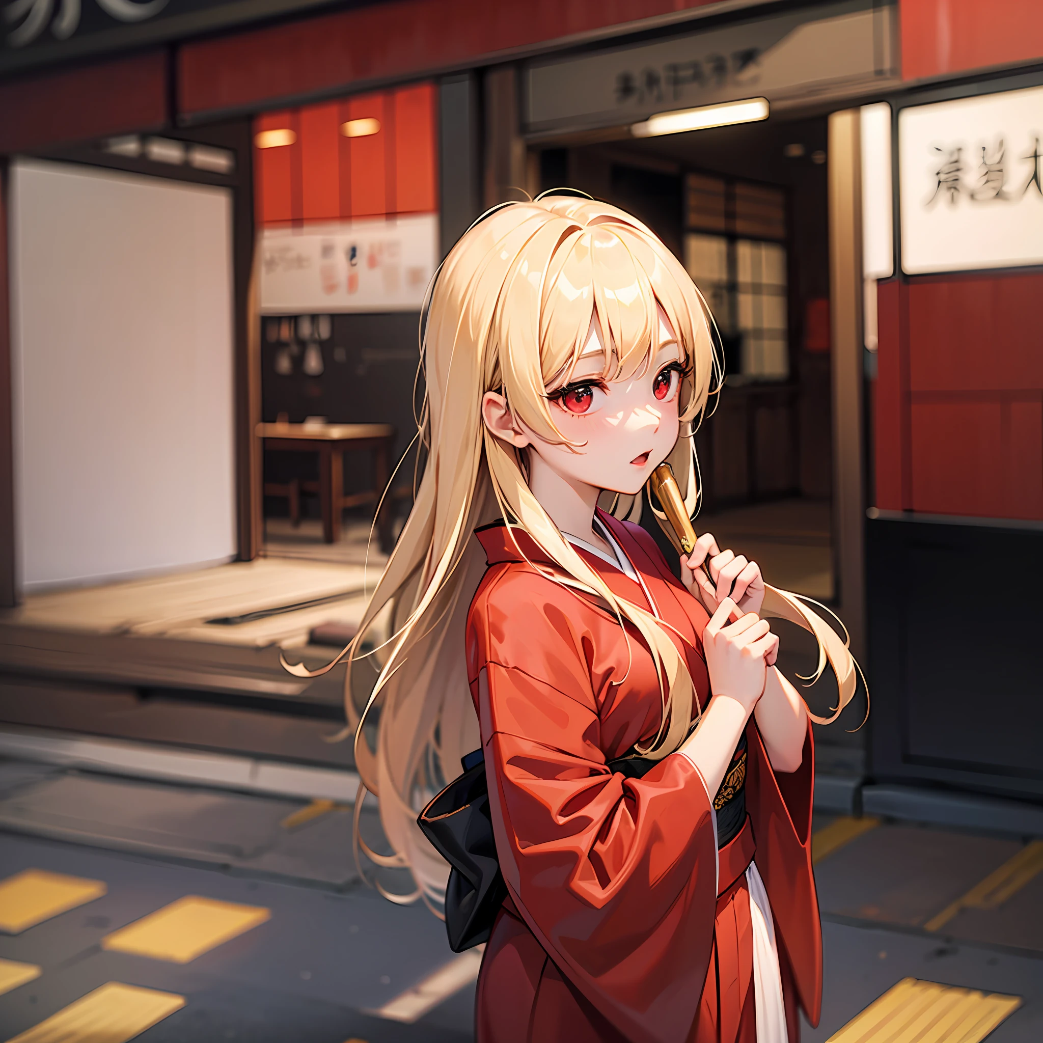 One blonde girl、red eyes、Bright red kimono、