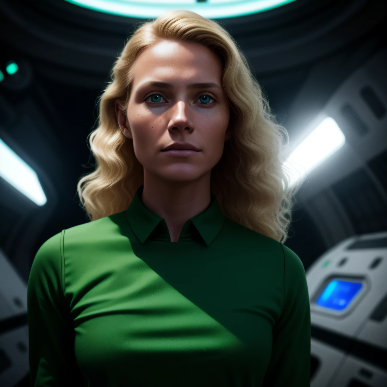 A closeup of a realistic woman with wavy blonde hair and a green shirt in the hallway of a spaceship in a science fiction movie. epic sci-fi movie still, Sci - Olhar Fi-Fi, Scifi, de um filme 2 0 1 9 sci fi 8k, sci-fi cinematic movie still, space movie 1980's style.