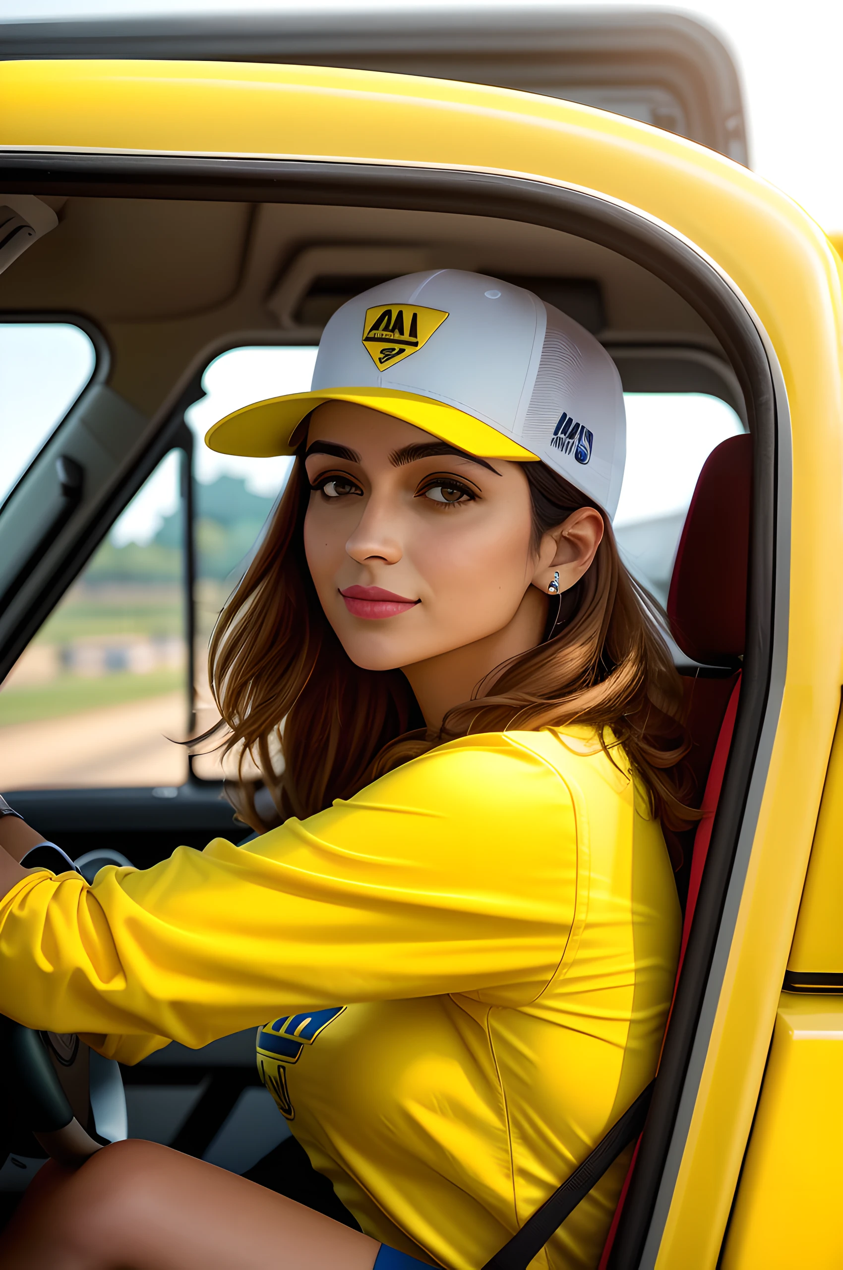 Woman in yellow shirt and white hat sitting in a yellow truck, yellow cap, Tiro na Nikon Z9, mulher amarela bonita, foto de retrato, Ali Maia, Tiro na Canon EOS R5, Tiro na Canon EOS R 5, foto oficial do produto, foto de retrato em close-up, Retrato tirado 8 K, Senna de League of Legends, capacete amarelo, Retrato no meio da foto