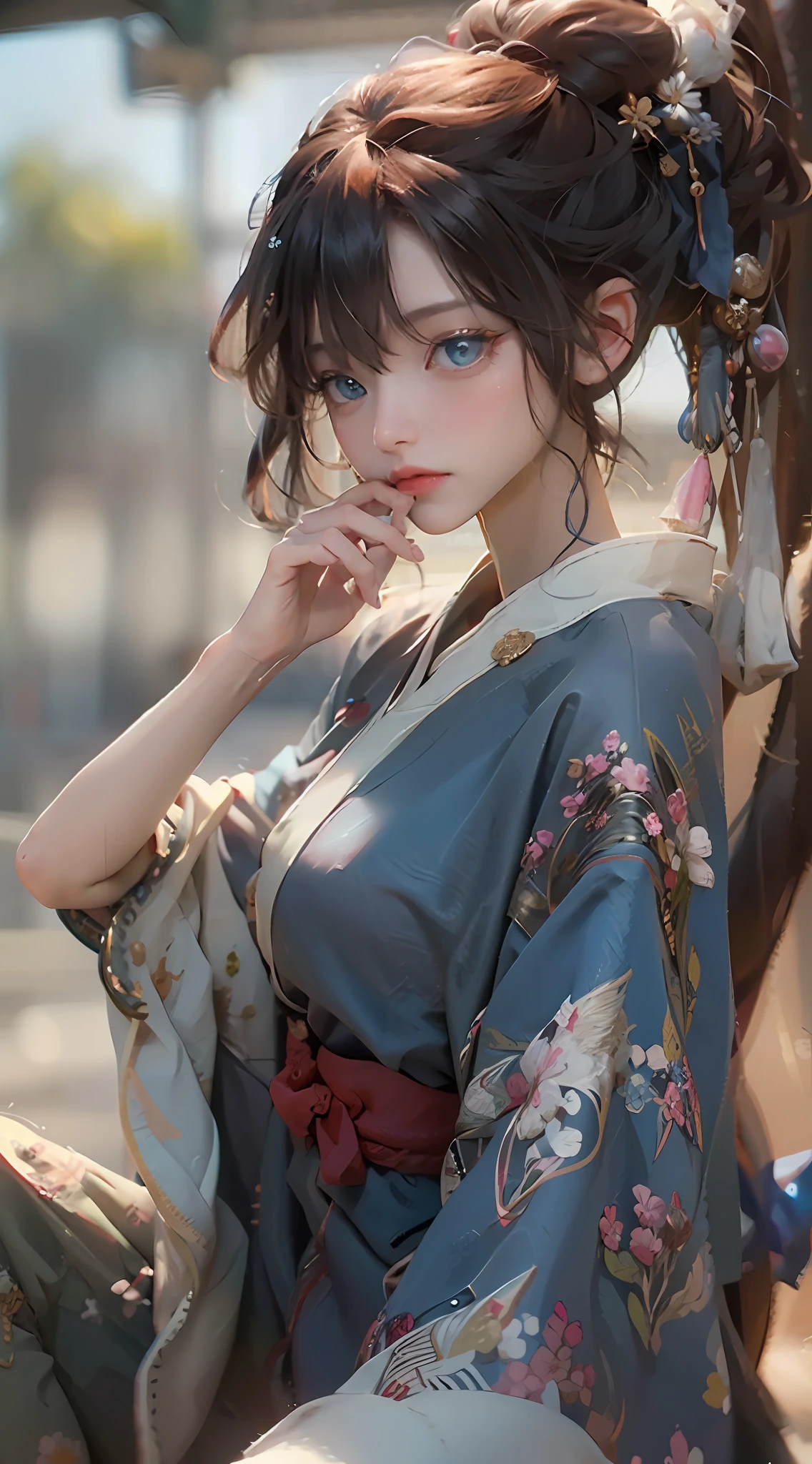 1girl in,  hair adornments, Hair above one eye, blue eyess, Brown hair, Golden Mesh, No background, sleeve less, length hair, bangss, Blue Nails,  White teeth, Most Beautiful Form of Chaos, vivd colour, romanticism, Beautiful atmosphere, (Raw photography, top-quality), (realisitic, Photorealsitic:1.3), ​masterpiece, extremely delicate and beautiful