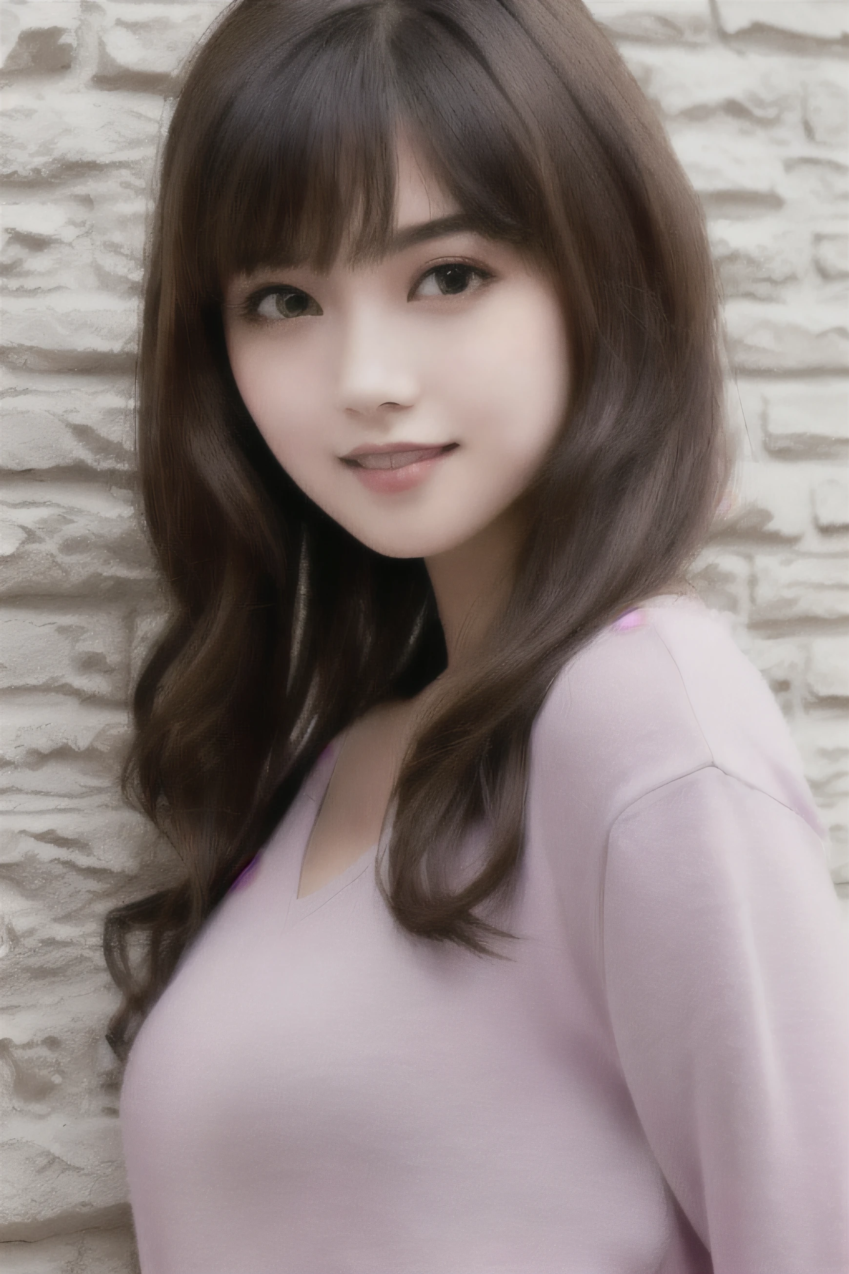 1girll,  Crowd street, natural  lightting, Best quality ,Masterpiece, illustration, An extremely delicate and beautiful, Extremely detailed ,CG ,Unity ,8K wallpaper, Amazing, finedetail, Masterpiece,Best quality,offcial art,Extremely detailed Cg Unity 8K wallpaper,absurderes, unbelievable Ridiculous, hugefilesize , Ultra-detailed, A high resolution, Extremely detailed, Beautiful detailed girl, Extremely detailed eyes and face, Beautiful detailed eyes, (RAW photo, Best quality), (Realistic, photo-realistic:1.3), light in face, full body, full body shot of,  Black jacket, ((Triangular faces)), (Light brown hair:1), Long hair, (Save the eyes),((Puffy eyes)), (((Small breasts))), ((Fantasy breasts)), (Kpop idol), (aegyo sal), bangs, ((Wall background)), blank wall, Skinny, ((posing on a)), (Smiling), Happy, view the viewer, facing front