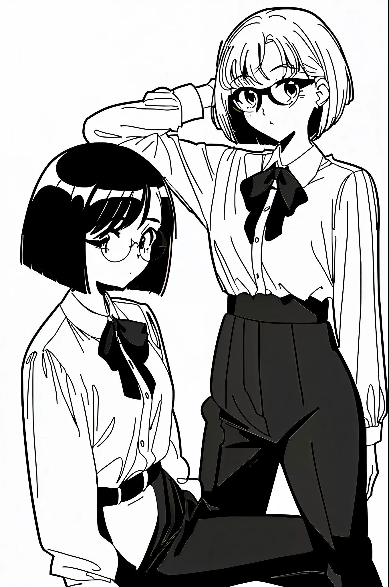 (girl with short hair, 独奏, a 1girl), Short Hair Hair, square, Bob hairstyle, black long-sleeved shirt, bow, white bow around the neck, eyeglasses, black glasses, Black pants, Monochrome, line art