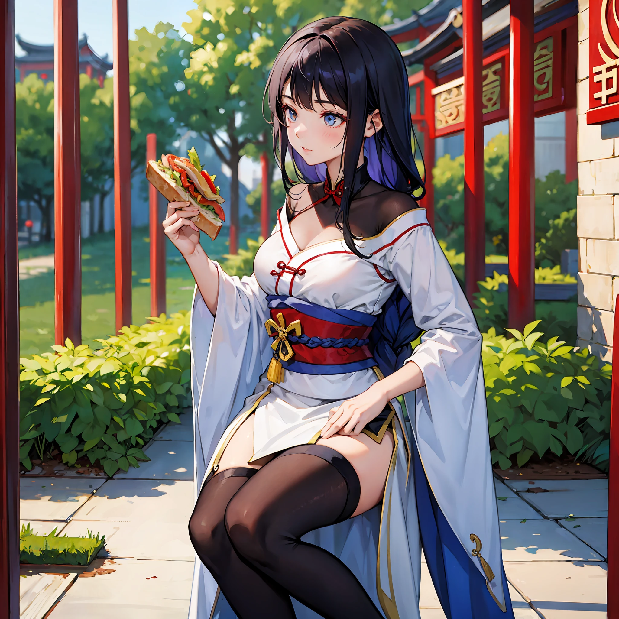 China Asia,teens girl,ancient oriental,Tang Dynasty streets,Eat sandwiches
