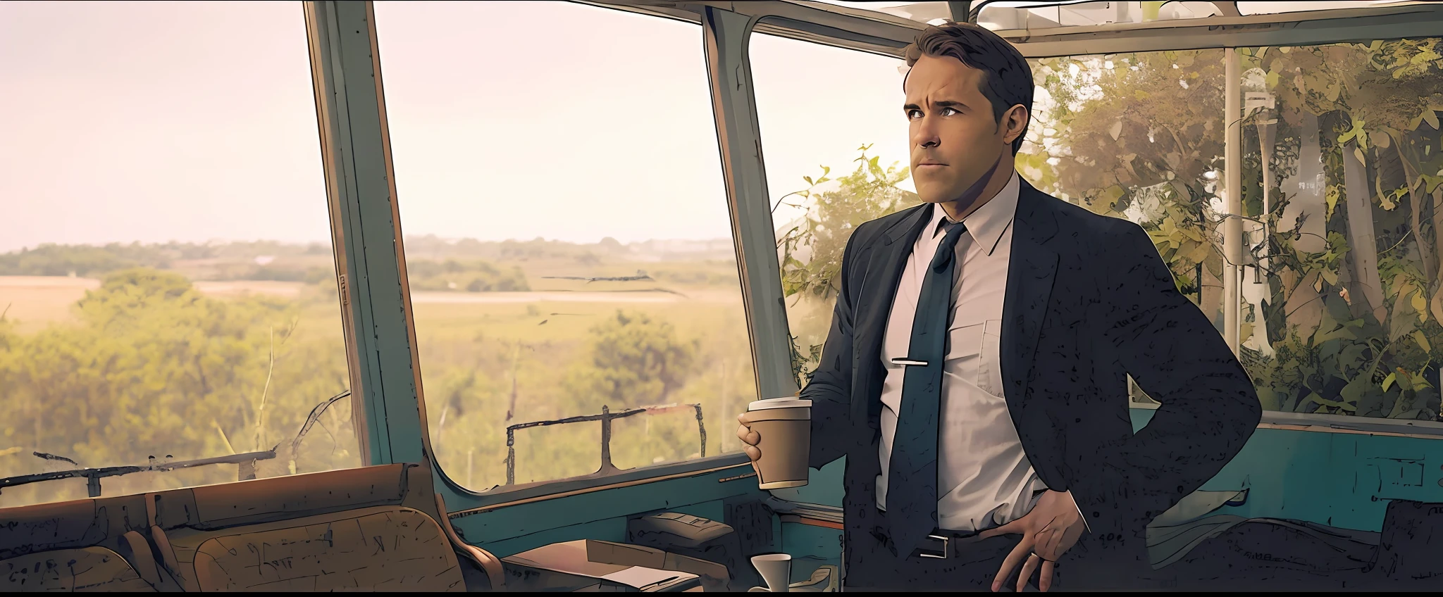 There's a man standing in a train car with a cup of coffee, cena maravilhosa, cena favorita, Fechar cena, cena completa filmada, Filme ainda de Ryan Reynolds, Denis Villeneuve filme olhar, captura de tela de alta qualidade, Melhor Cena, de uma cena de filme, Denis Villeneuve filme ainda, ! Movie Scene, Em um filme de Denis Villeneuve, captura de tela de um filme