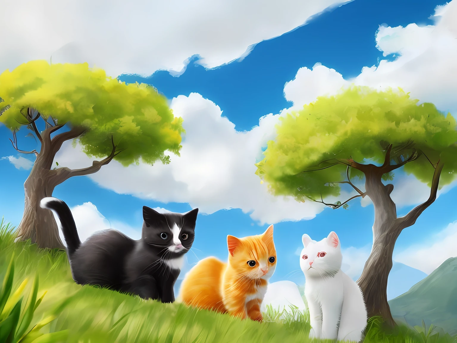 Mai Lang，with blue sky and white clouds，baby cats