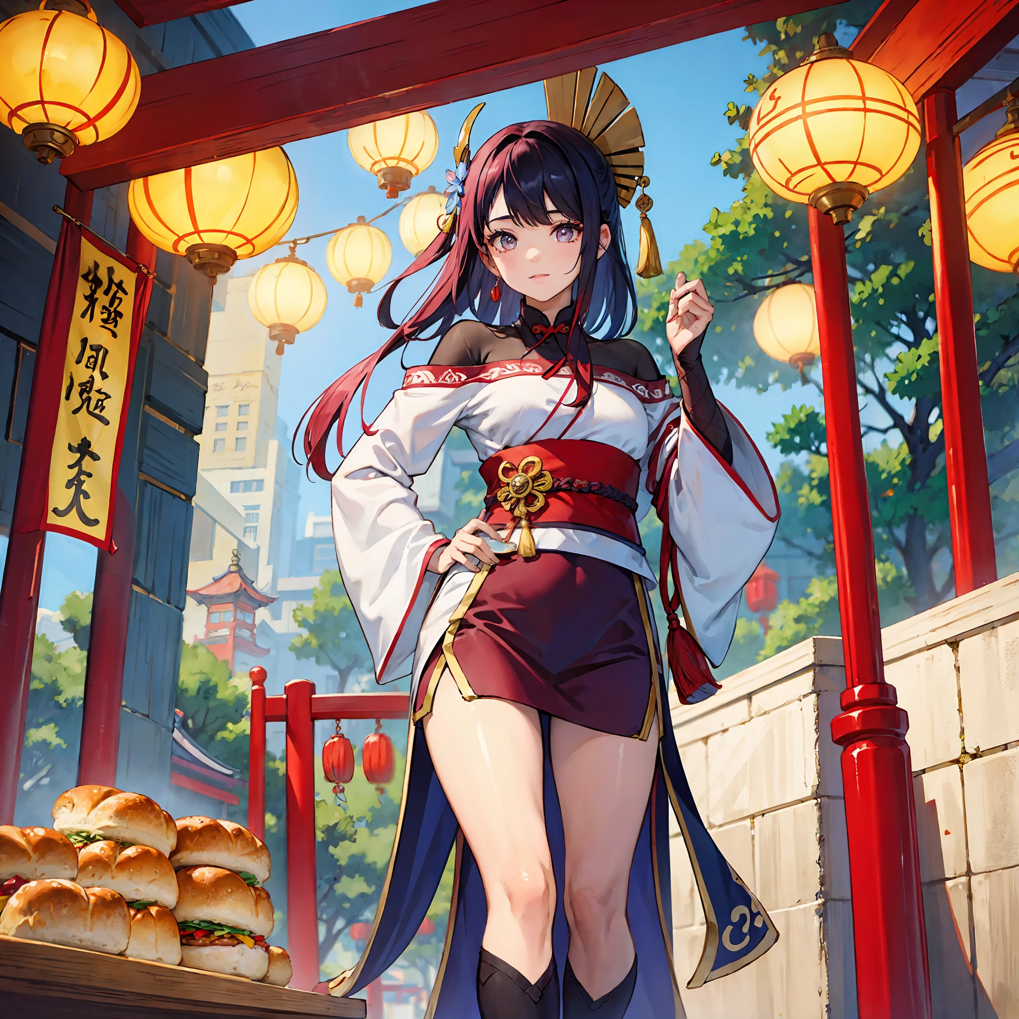 China Asia,teens girl,ancient oriental,Tang Dynasty streets,Eat sandwiches