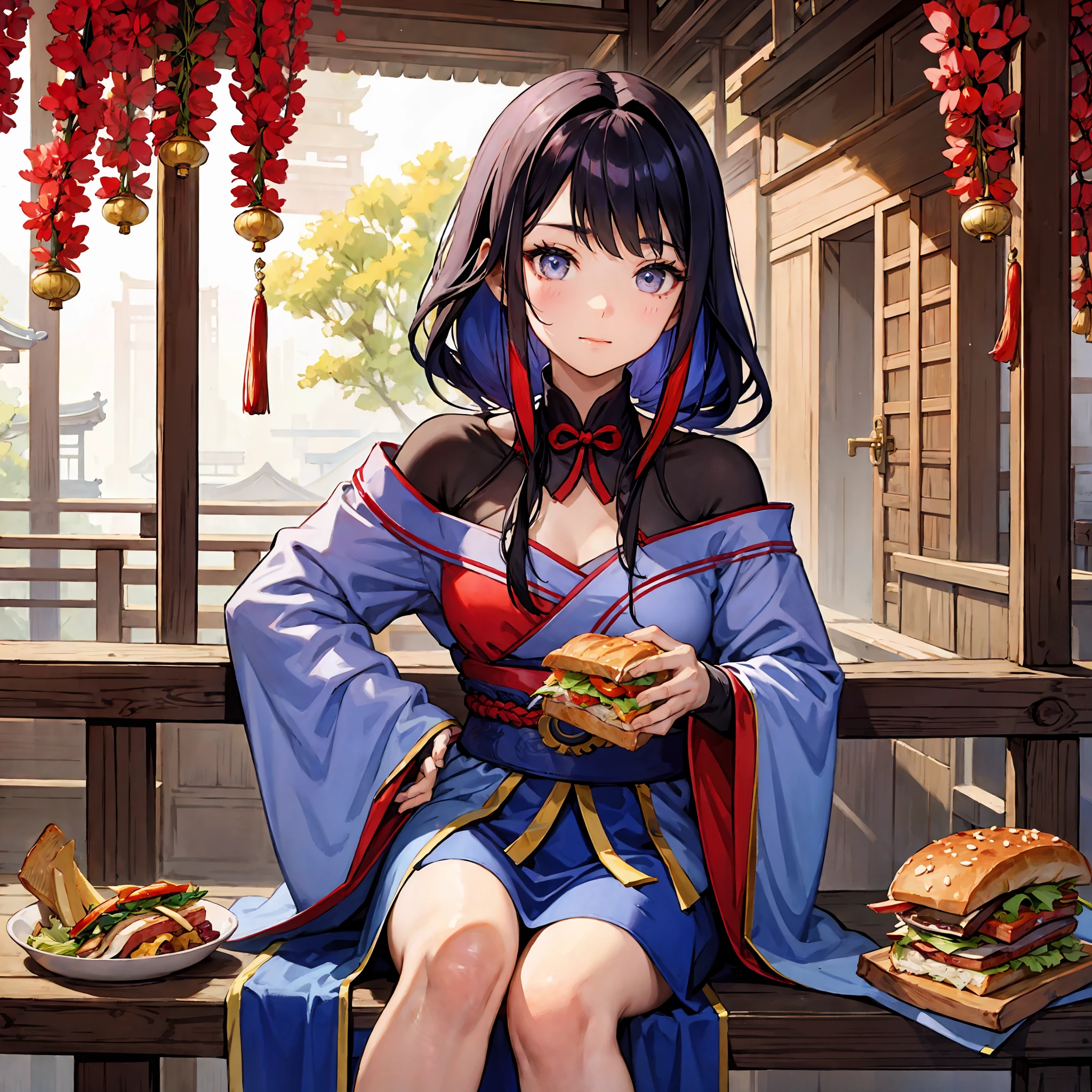 China Asia,s girl,ancient oriental,Tang Dynasty streets,Eat sandwiches