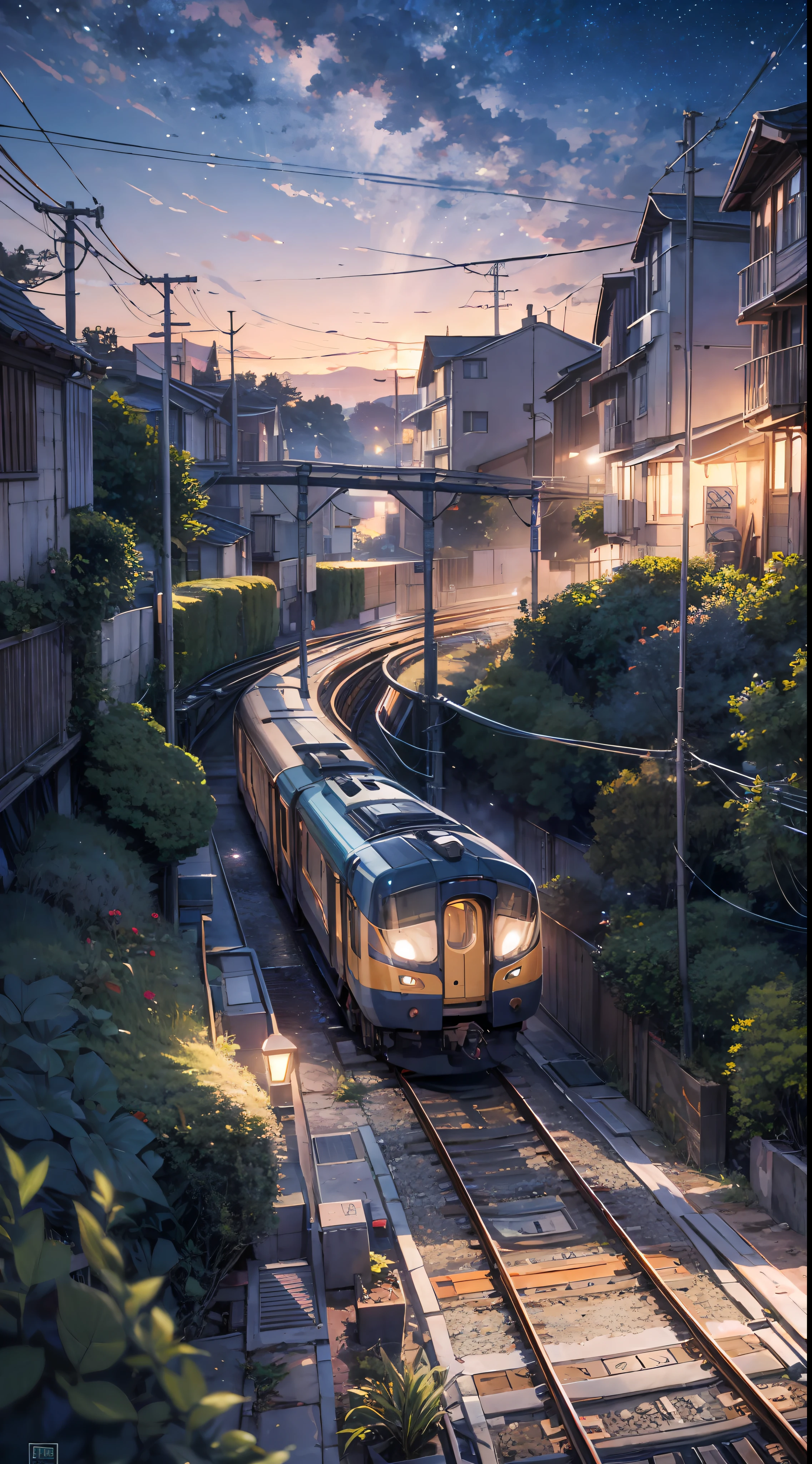 High quality masterpiece, landscape, anime train passing through bodies of water on tracks, bright starry sky. BREAK Romantic train, pixiv, concept art, lofi art style, reflection. by Makoto Shinkai, lofi art, Beautiful anime scene, BREAK Anime landscape, detailed scenery —width 672, in style of Makoto shinkai, style of Makoto shinkai, enhanced details, BREAK,Detailed,Realistic,4k highly detailed digital art,octane render, bioluminescent, BREAK 8K resolution concept art, realism,by Mappa studios,masterpiece,best quality,official art,illustration,ligne claire,(cool_color),perfect composition,absurdres, fantasy,focused,rule of thirds